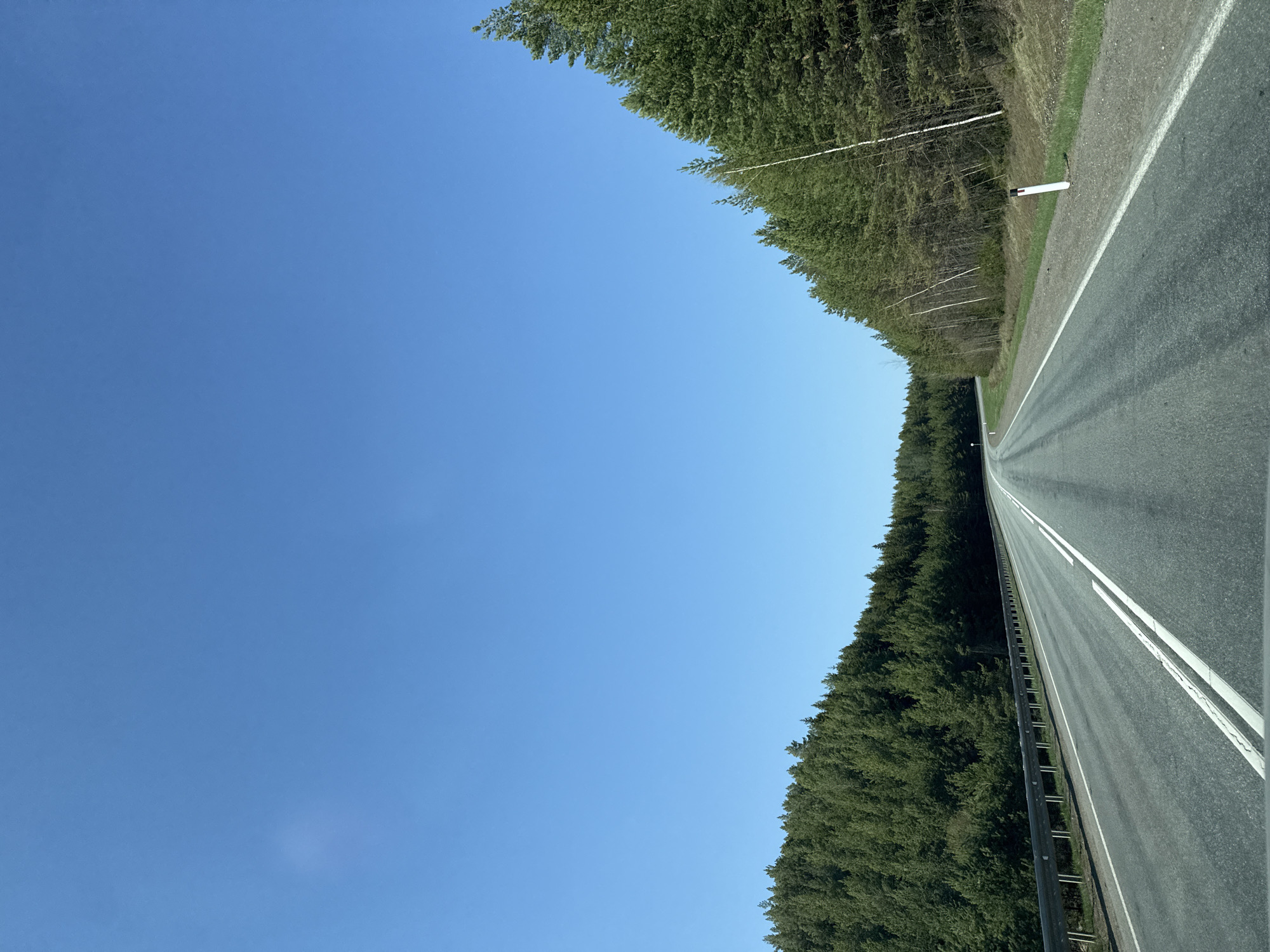 A landscape photograph depicts a stretch of road cutting through a forest under a clear blue sky. The road, appearing asphalt-paved with white lane markings and a roadside barrier, stretches towards the vanishing point. Trees densely line both sides of the road, forming a green canopy along the edges of the frame. A tall white pole stands to the right of the road. The scene is located in Osinovka (Polozovskii S/S), Russia. No people or subjects are present.
