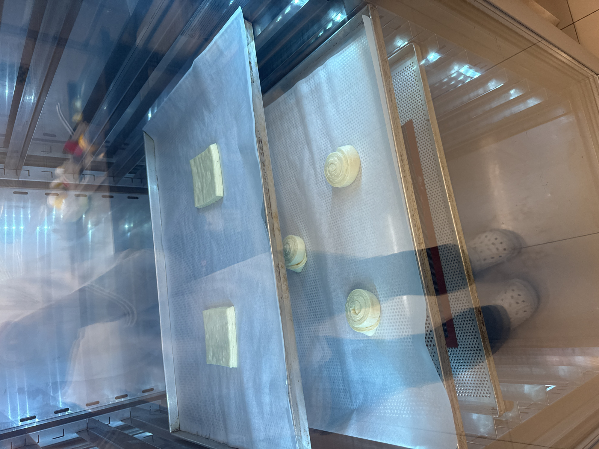 The image shows a proofer, likely located in a bakery or patisserie, containing two sheet pans. The sheet pans are lined with parchment paper. One sheet pan contains three rectangular pieces of dough, while the other contains three coiled pieces of dough, likely croissants or similar pastries. A third perforated sheet pan sits behind the two occupied pans. The interior of the proofer is visible, showing the racks and the lighting system. Reflected in the glass of the proofer are the feet of an individual wearing Crocs. The city of Vracar Urban Municipality, Serbia, cannot be determined from this image.