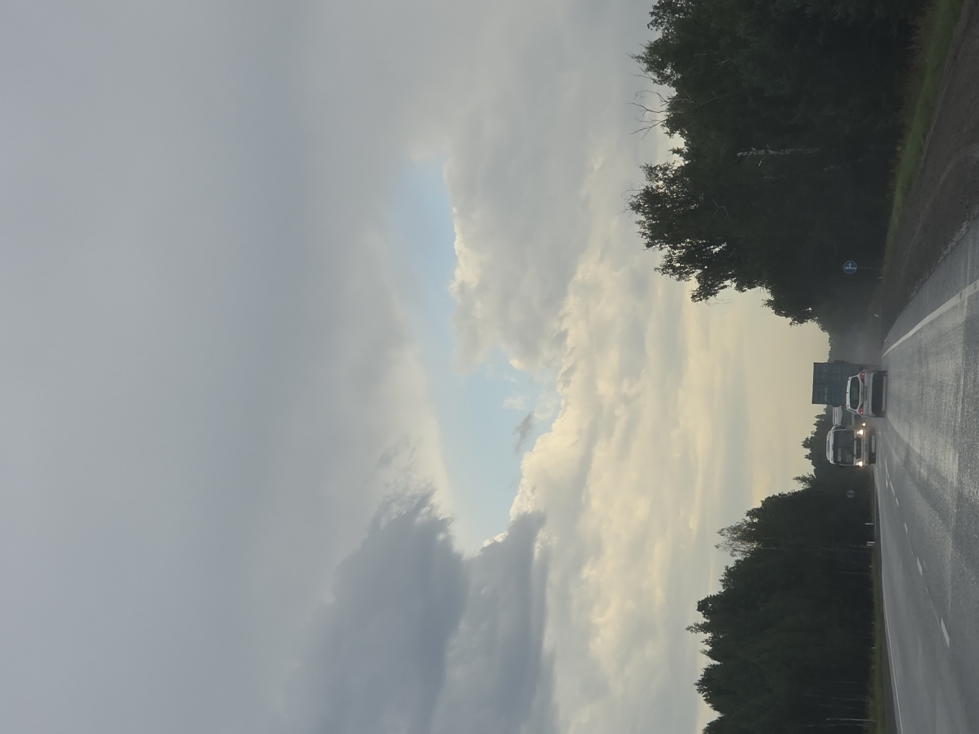The image depicts a highway scene with a cloudy sky. A white passenger car is in the foreground on the right lane, followed by a truck in the left lane. Further ahead, a white bus is visible in the left lane. Dense, dark green trees line both sides of the road. The road surface appears wet, suggesting recent rain. A blue and white road sign is visible on the right side of the road. The scene is likely located in the vicinity of Kichigino, Russia, given the context.