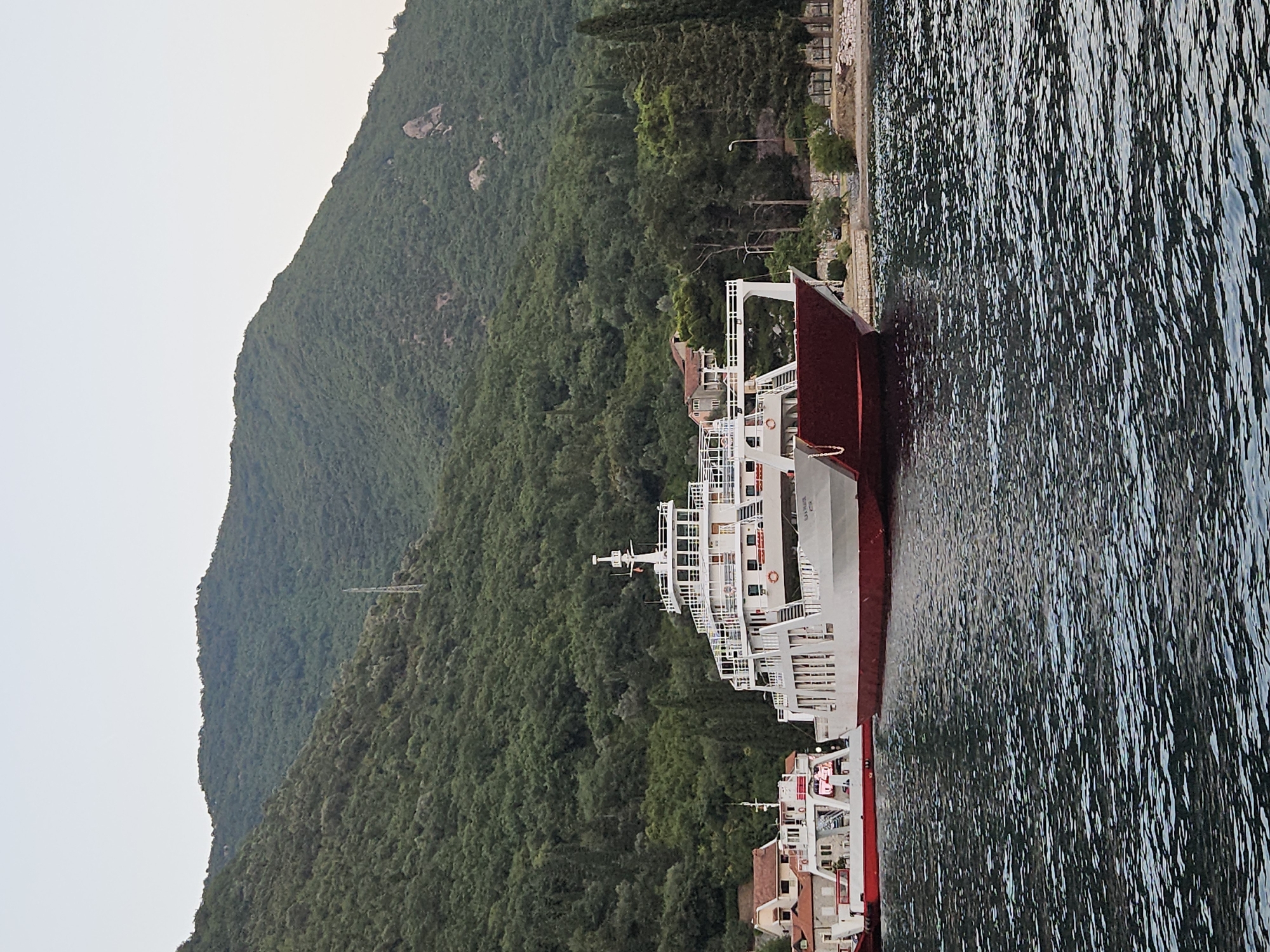 The image shows a ferry docked in the town of Lepetane, Montenegro. The ferry is white with a red hull and is docked in the water. Behind the ferry is a town with several buildings and a lush green mountain. The water in the foreground is dark blue with ripples. The sky is overcast and a pale gray.