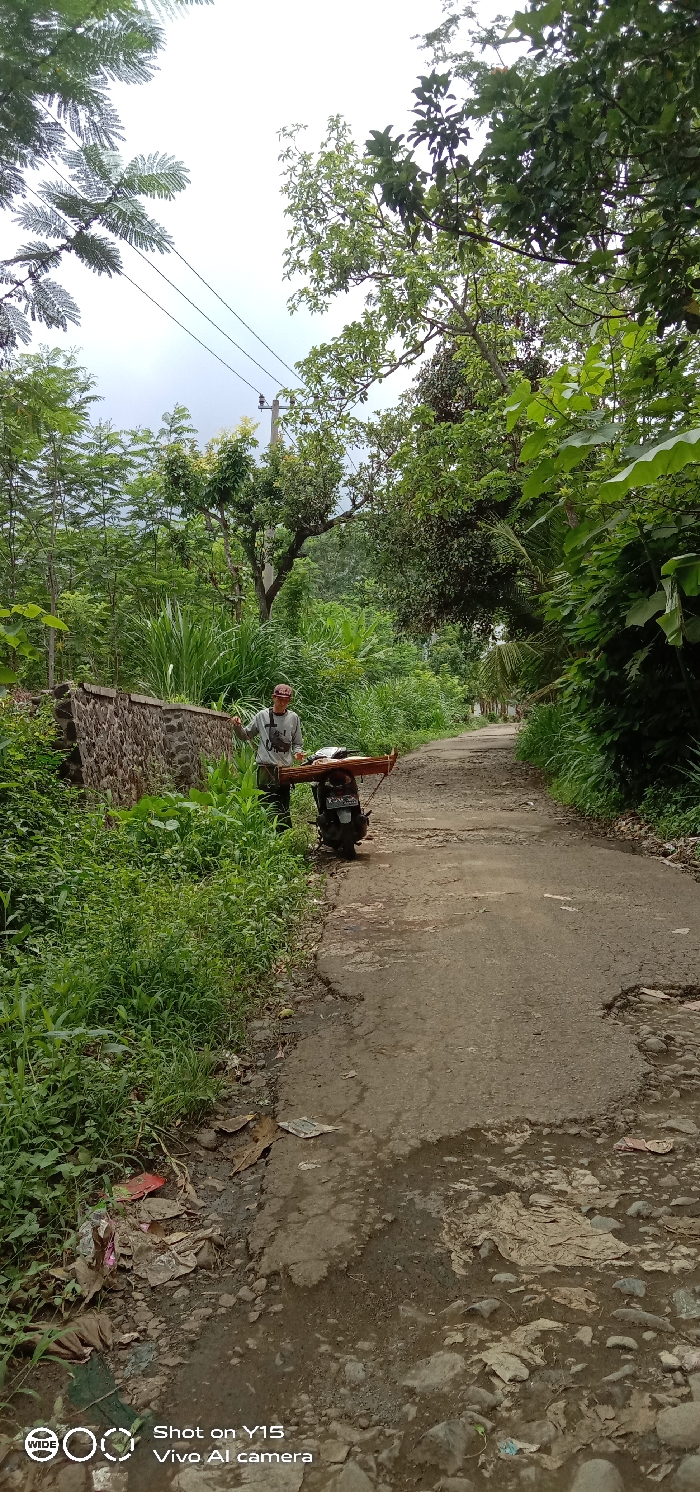 A person stands next to a motorcycle on a cracked, aged road. The vehicle has a flat wooden structure strapped to it, possibly for carrying items. The road has puddles and is flanked by lush green vegetation, including trees and bushes. The scene appears to be rural or semi-rural, with an overcast sky visible above the trees. The road leads into the distance, curving slightly, with more greenery visible along its path.