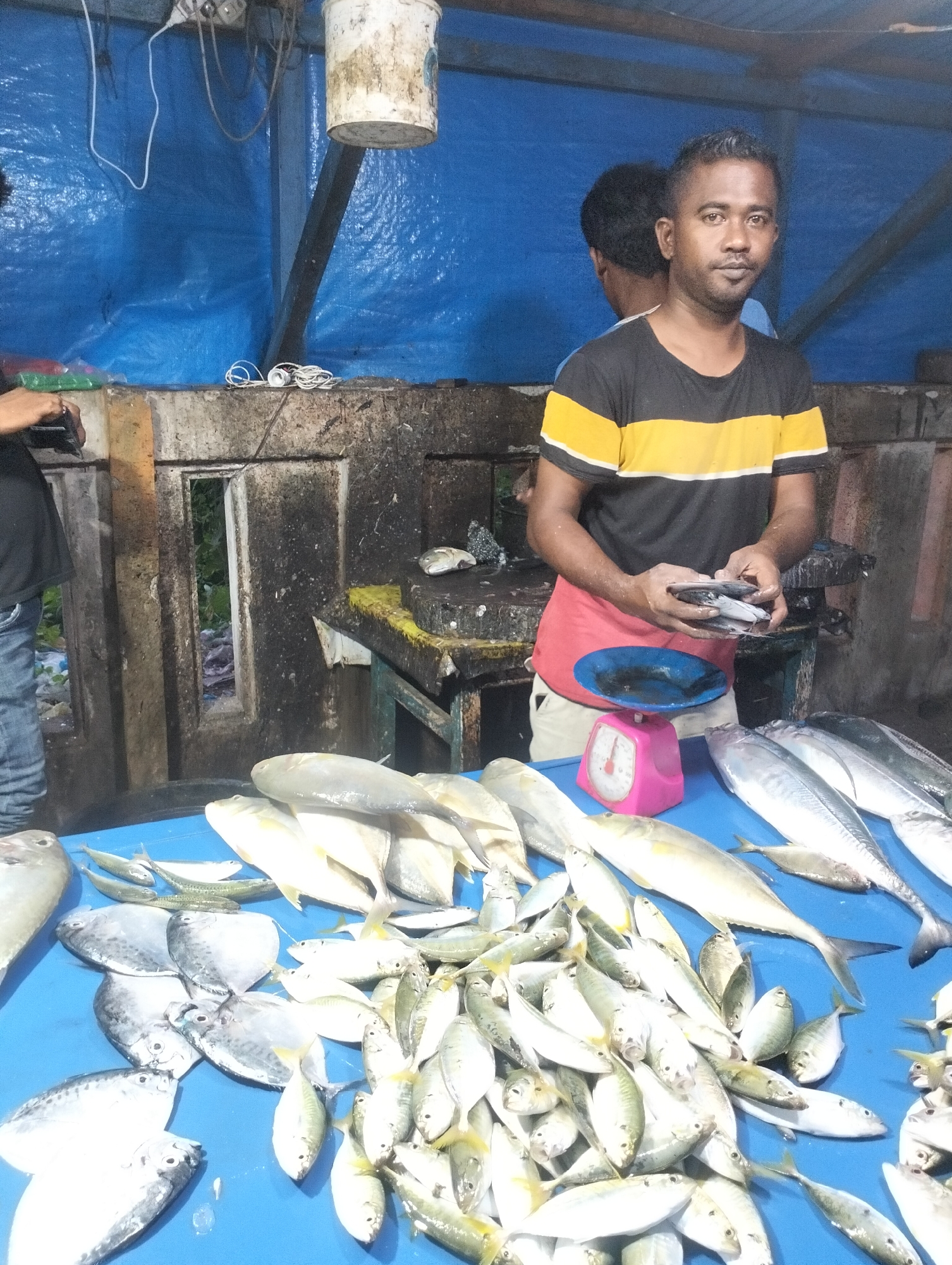 The image shows a man at a fish market stall. The location is the city of Lhokseumawe, Indonesia. The man is standing behind a blue table covered with various types of fish. He is wearing a black T-shirt with a yellow stripe, a red apron, and light-colored shorts. He is holding a few fish in his hands, seemingly preparing to weigh them on a pink scale with a blue plate. Behind him, another person is partially visible. The stall has a concrete wall with openings and a blue tarp backdrop. There is a light fixture hanging above.