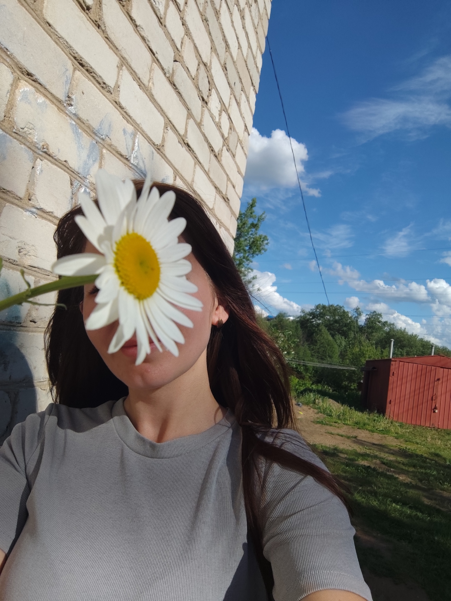 A person stands in front of a light brick wall, holding a white daisy flower in front of their face, obscuring their facial features. The person has long, dark brown hair and is wearing a gray t-shirt. Behind the person, the background features a bright blue sky with fluffy white clouds. A red storage shed is visible in the distance, surrounded by green grass and trees. The scene appears to be outdoors, possibly in a rural or suburban setting. Given the city given, the location is likely near Фоки, Russia.