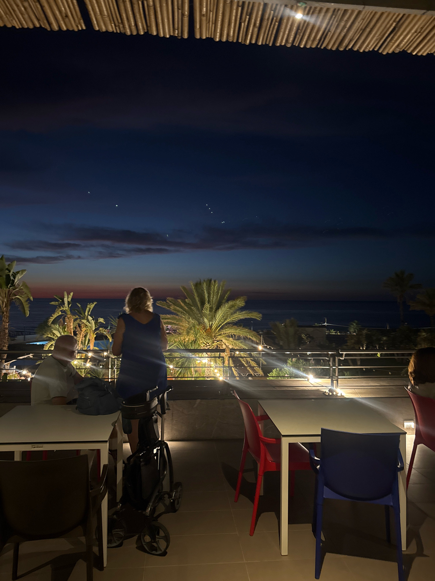 The image depicts a dusky twilight scene at an outdoor establishment, likely a restaurant or bar, with a view of the sea. The sky is a deep blue, transitioning to lighter shades near the horizon, with a few wispy clouds visible. Stars are beginning to appear in the sky. In the foreground, there is a balcony with several tables and chairs.
On the balcony, a man wearing a light-colored shirt is seated at a table, appearing to converse with a woman standing next to him. The woman is wearing a blue dress and is positioned facing away from the camera, looking out at the sea. A baby stroller is parked behind her. In the middle ground, palm trees and other vegetation are visible, suggesting a coastal or Mediterranean location. Beyond the vegetation, the sea stretches to the horizon, with some lights indicating a distant coastline or town. The establishment's ceiling, made of bamboo or reeds, is visible at the top of the frame. The overall atmosphere suggests a relaxed evening setting.