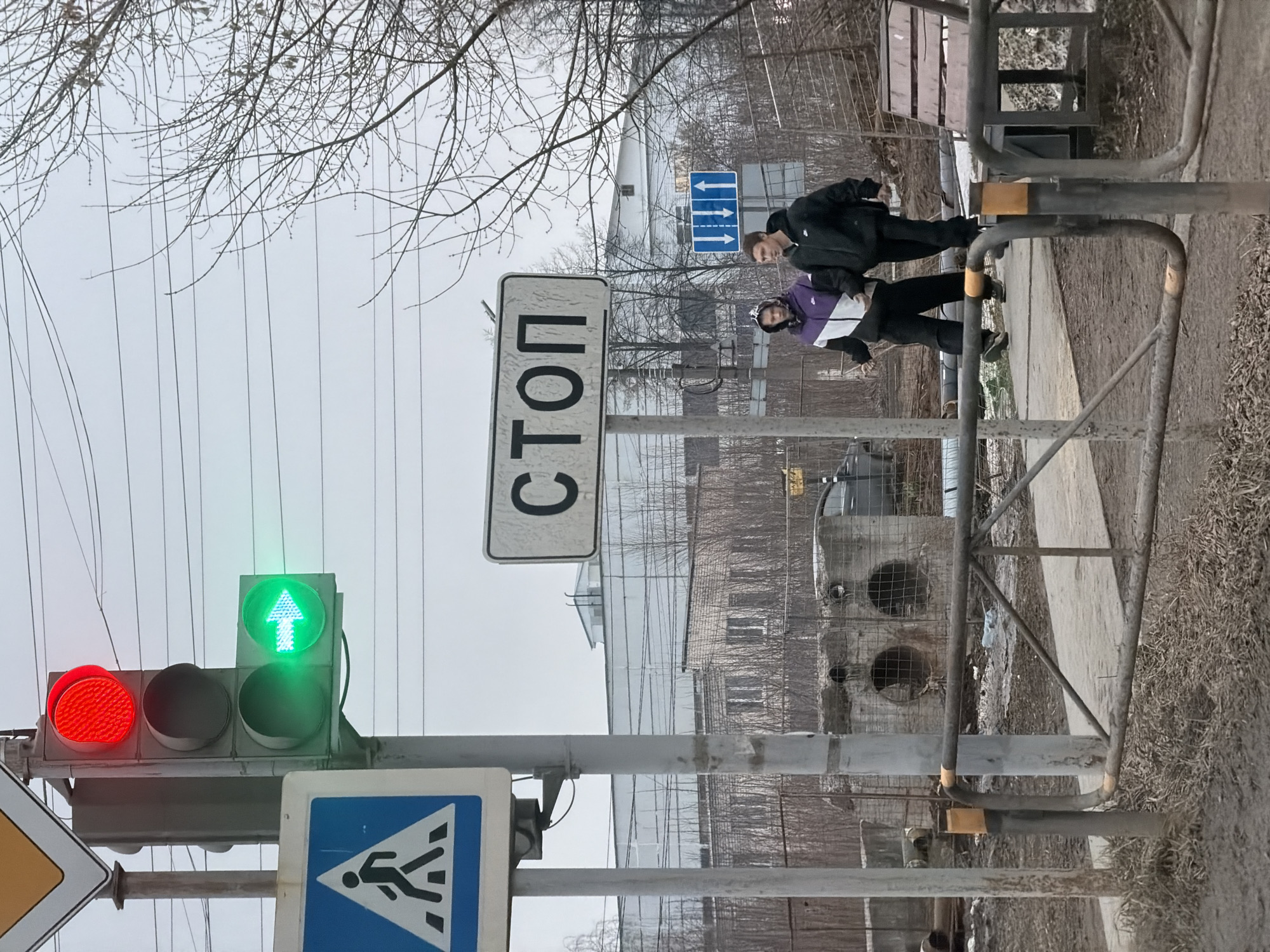 Scene: A street view in Chaikovsky, Russia.
Objects: A traffic light with a red light lit at the bottom and a green arrow pointing upwards lit at the top. Beside the traffic light is a 'STOP' sign in Cyrillic script, and below them is a blue pedestrian crossing sign. A metal fence runs parallel to the sidewalk. A blue arrow direction sign.
People: Two individuals, a male and female, are seen standing near the fence.
Environment: The street has a grey, overcast sky and leafless trees. There is a building in the background and a vehicle is parked nearby. The street appears to be a typical urban setting in late autumn or winter.