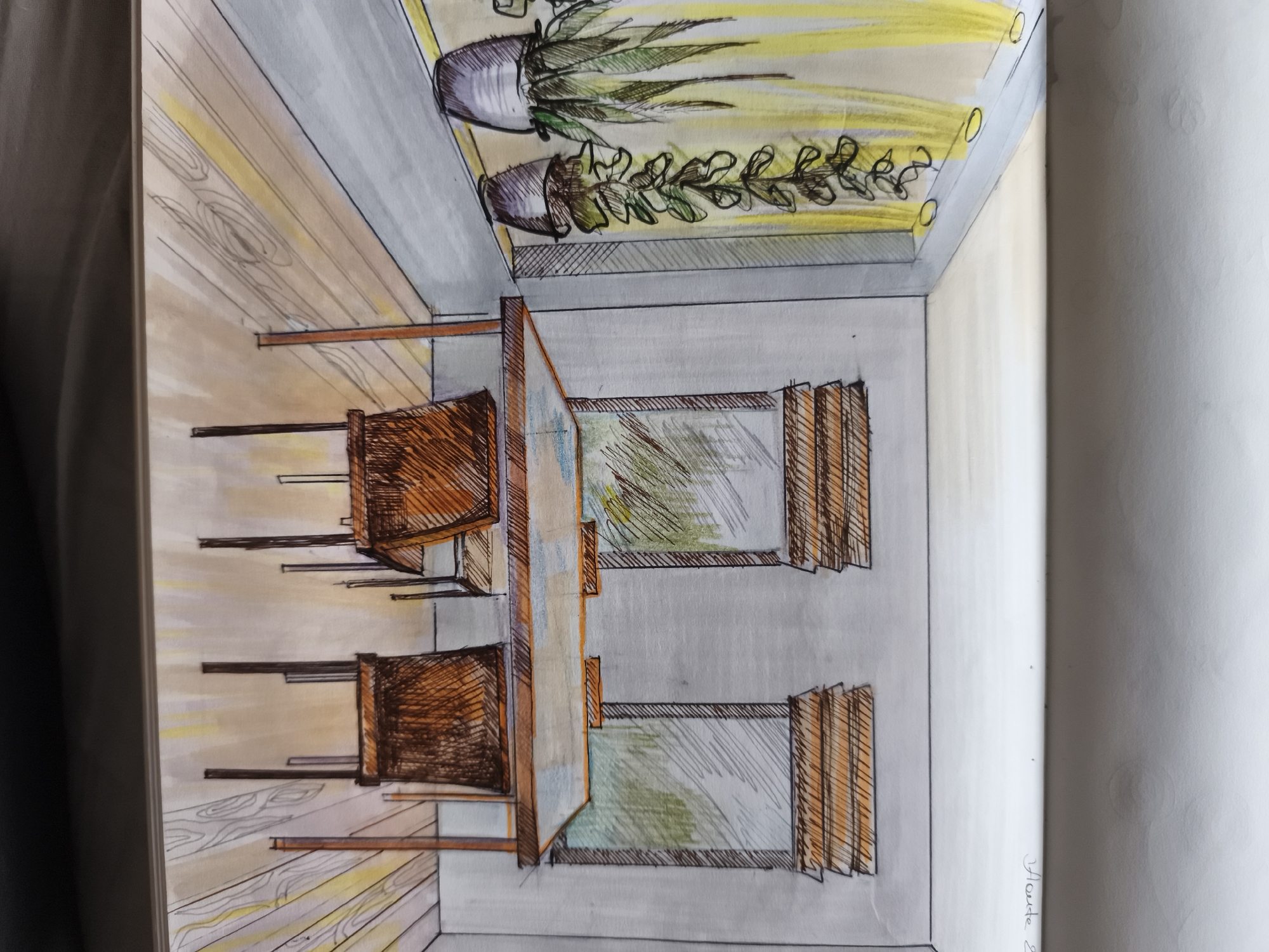 The image depicts a hand-drawn illustration of an indoor scene, possibly a dining area or a study. The perspective suggests a view from a corner of the room, looking towards a table with chairs. Two chairs are visible, one on each side of the table, rendered in brown tones with detailed hatching to suggest texture. The table itself appears to be rectangular, with a glass top depicted with light blue and green hues. In the background, there are two windows or openings, also with a greenish tint, suggesting a view of foliage. Above the windows, there are two potted plants with green leaves, drawn in a stylized manner. The walls are colored in light gray, and the floor is illustrated with wooden planks, featuring a light brown and yellow color scheme with visible wood grain. The overall style is a sketch with colored pencils or markers, giving it a warm and slightly unfinished feel. The specific location in Saint-Denis, France, is not identifiable from the drawing itself.