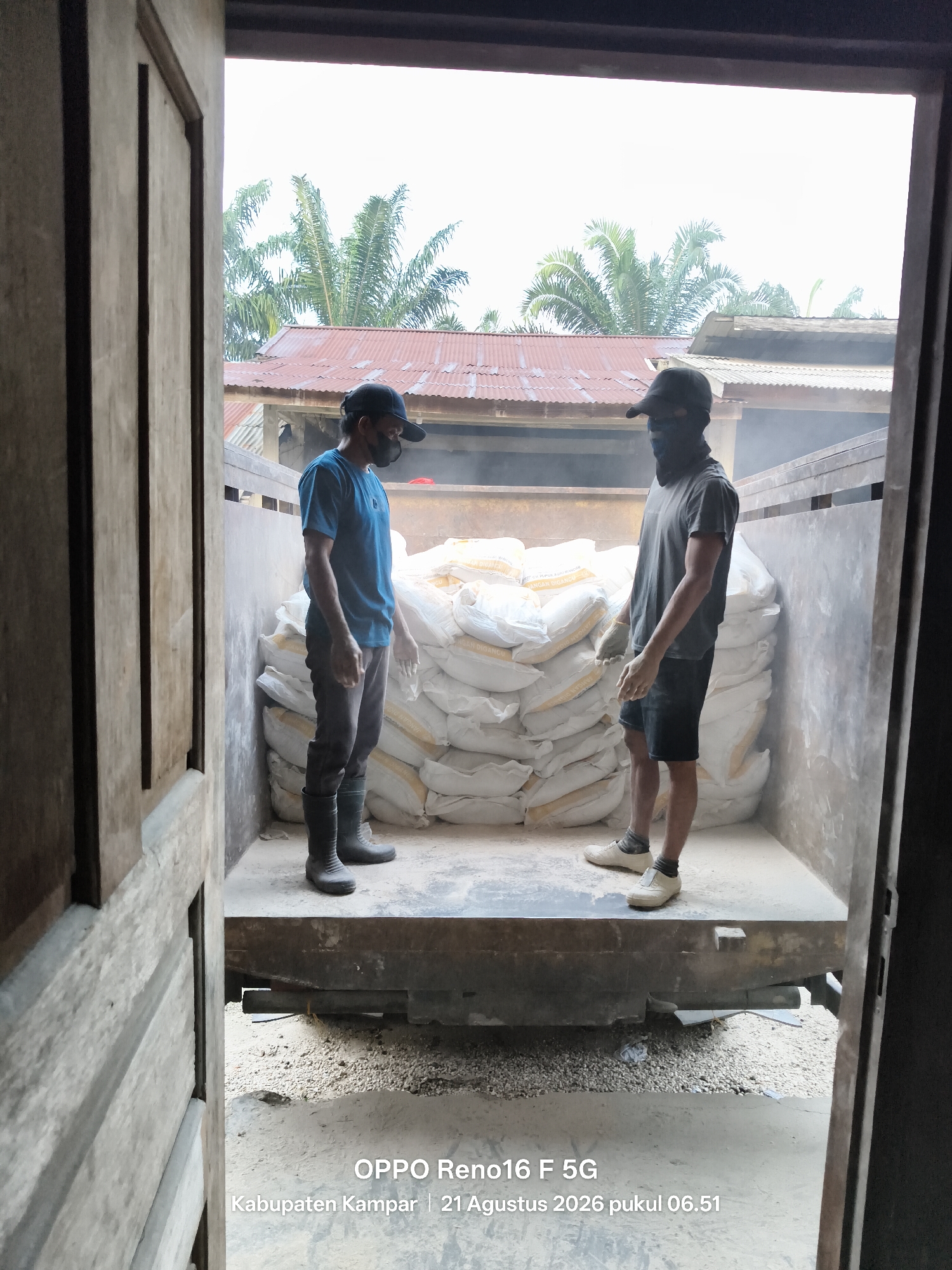 Two men are standing in the bed of a truck filled with large sacks, likely containing grain or feed. The man on the left wears a blue t-shirt, dark pants, and black rubber boots. He has a black face covering and a black baseball cap. The man on the right wears a grey t-shirt, black shorts, and white sneakers with grey socks. He also has a black face covering and a black baseball cap. He is wearing light-colored gloves. The truck is parked in an outdoor area with buildings and palm trees visible in the background. The lighting suggests it is daytime. A timestamp and location, "OPPO Reno16 F 5G Kabupaten Kampar | 21 Agustus 2026 pukul 06.51," is visible in the lower right corner, indicating the photo was taken in Kampar Regency, Indonesia.
