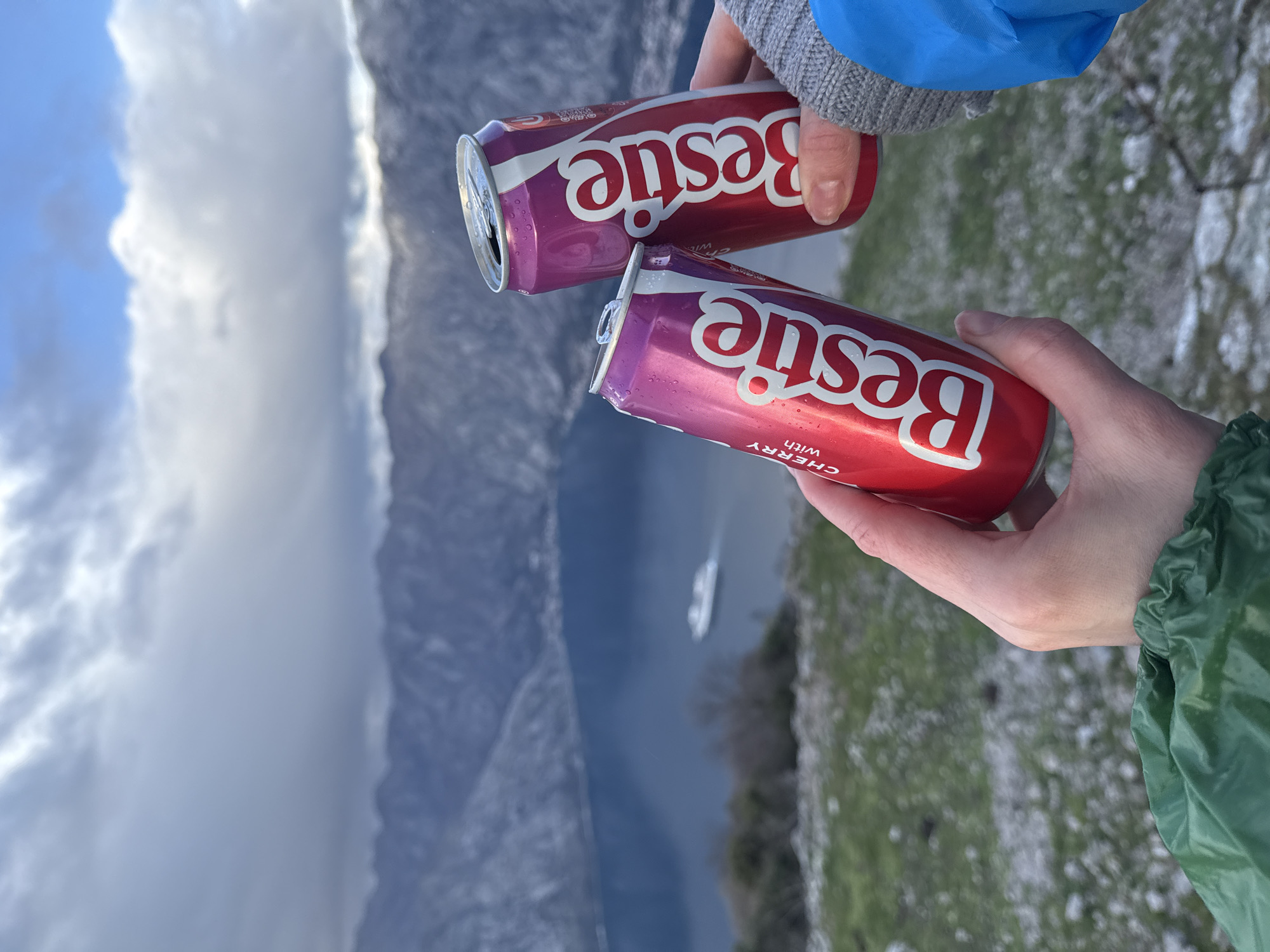In Bogdašići, Montenegro, two hands are positioned in the foreground, performing a toast. The left hand, partially visible and clad in a green jacket sleeve, holds an open, red and white "Bestie Cherry" beverage can, which displays condensation. The right hand, wearing a grey knitted glove and a blue jacket sleeve, holds an identical open "Bestie" can, also showing condensation. The two cans are clinking together in the center of the frame. The scene is an elevated outdoor viewpoint overlooking a large body of dark blue water, identified as the Bay of Kotor. A white vessel is observed moving across the water from left to right. The background consists of rugged mountains rising steeply from the water, under a sky with a mix of grey clouds and clear blue patches. The immediate ground beneath the hands features sparse green vegetation interspersed with bare earth and light-colored patches, possibly frost or very light snow.