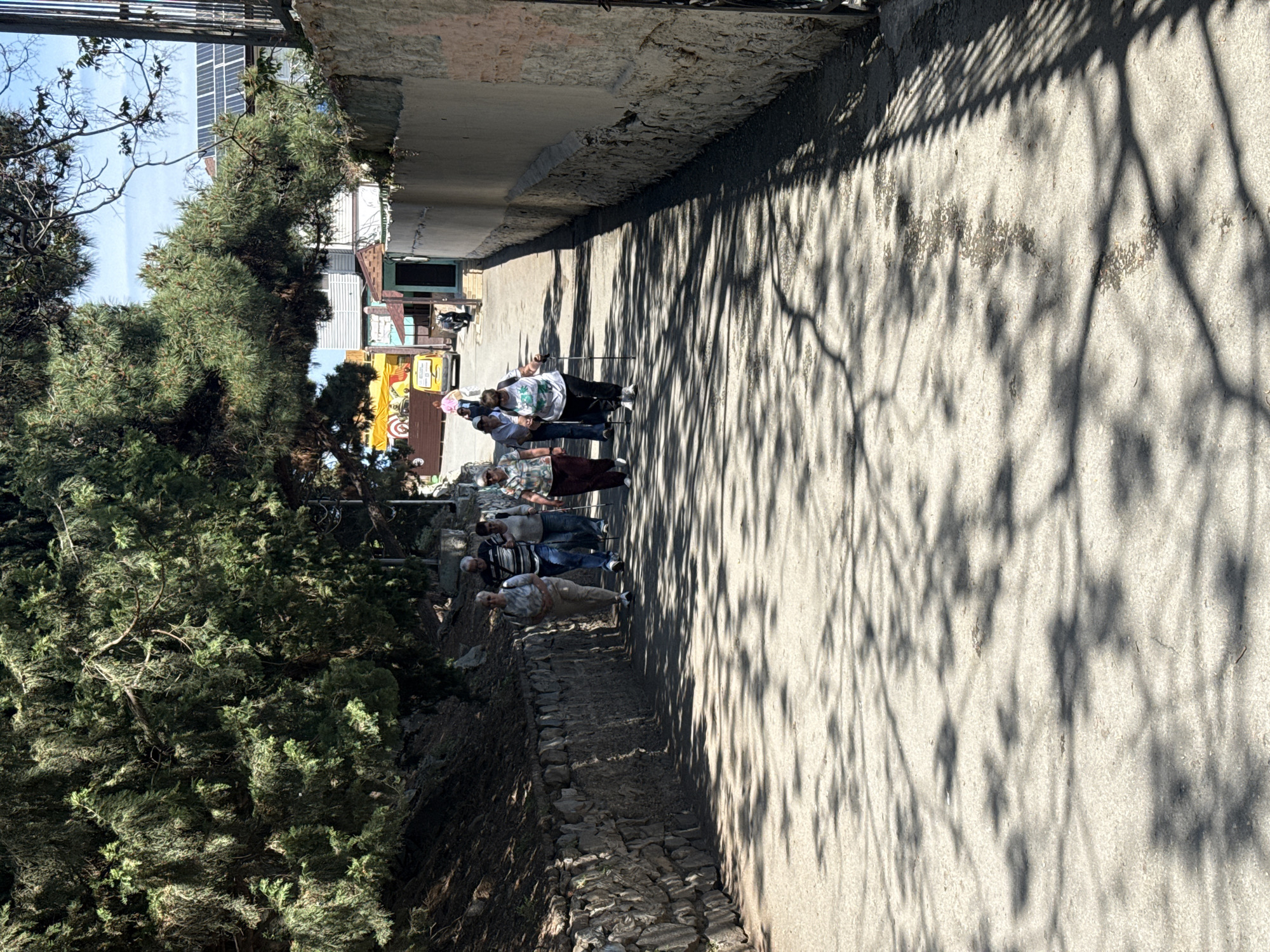 A horizontal, outdoor shot captures a narrow, sunlit road bordered by greenery on the left and a high, stone wall on the right. The road surface, a light grey concrete, is covered in tree branch shadows. A group of about five people stand or walk along the left side of the road, appearing to be tourists. They are casually dressed. In the background, there is a building structure and a glimpse of a bright yellow vendor cart. The location is in the city of Unknown, Unknown.