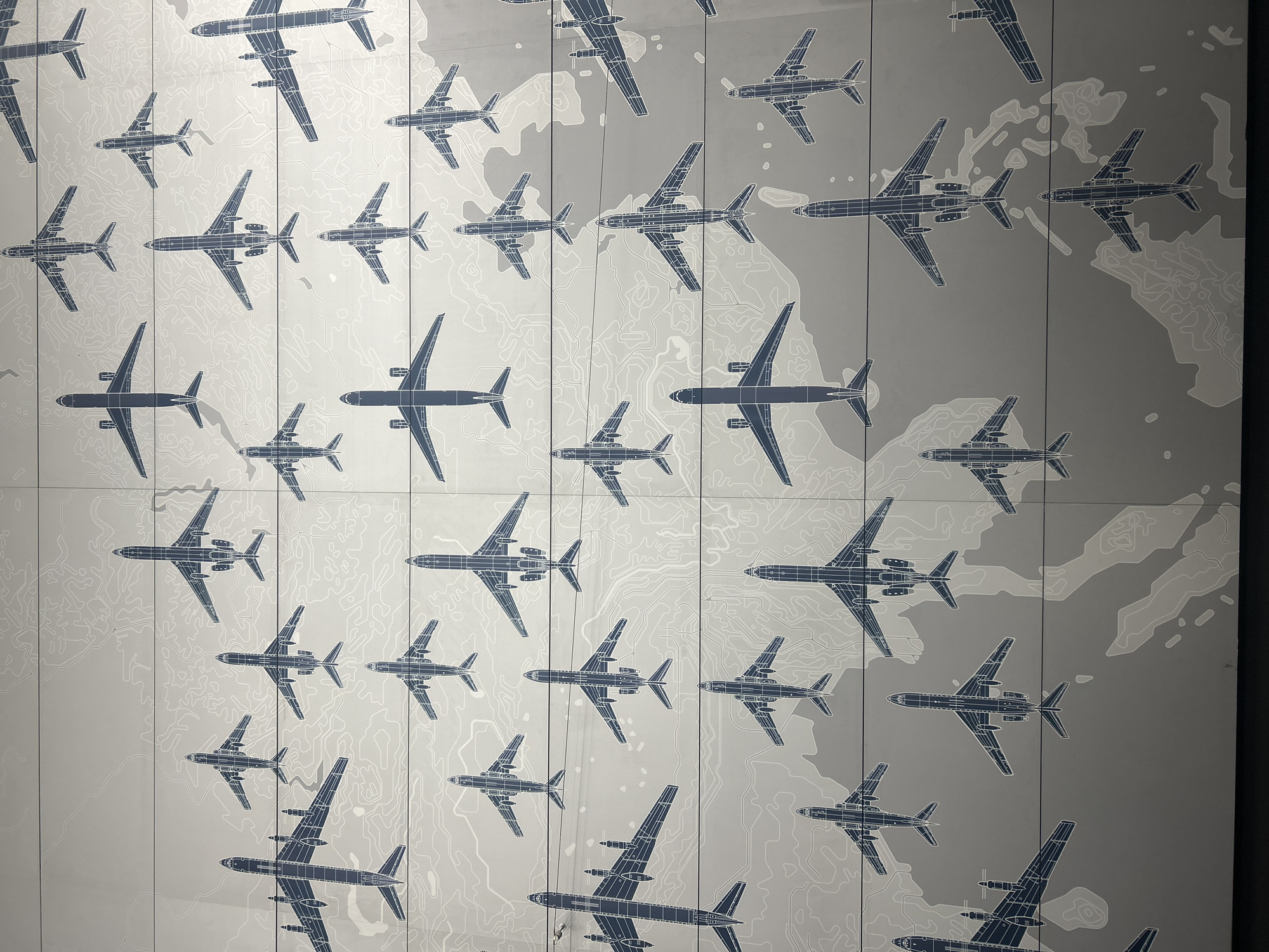 The image shows a wall with an airplane-themed mural in Vnukovo, Russia. The mural consists of a gray background with a map and a large number of airplane drawings in navy blue. The airplanes are arranged in rows and columns, with varying sizes and models. The mural appears to be made of individual panels assembled together, as vertical lines are visible between the panels. The setting appears to be an interior space.