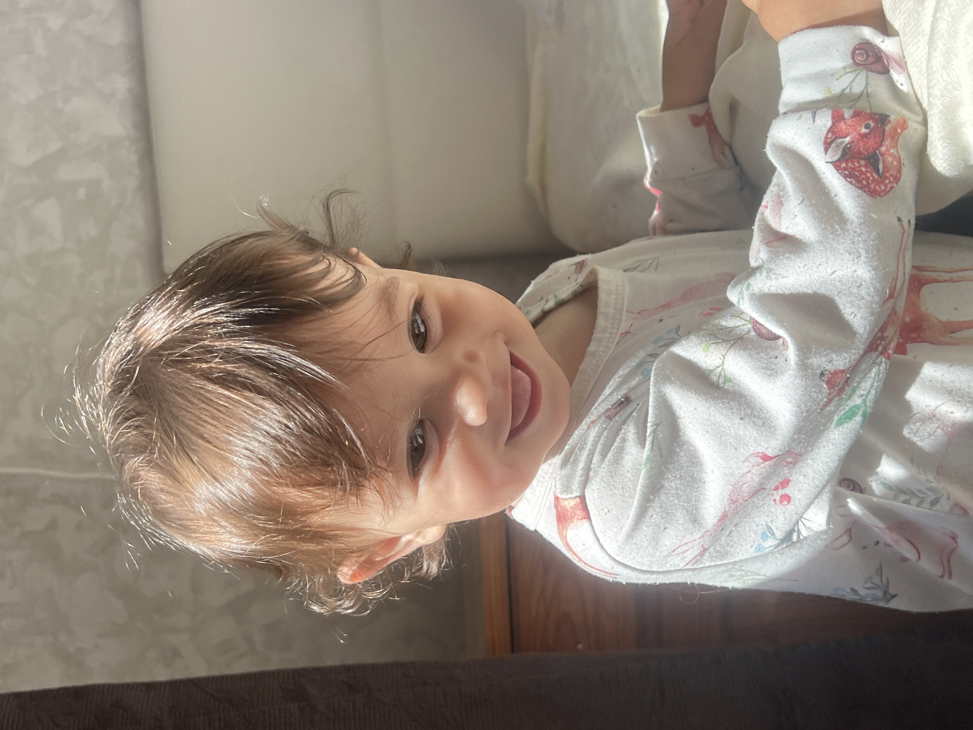 A brightly lit image captures a happy toddler lying down, smiling broadly at the camera with their tongue slightly visible. The child has light brown, wavy hair, illuminated by strong, warm sunlight that creates distinct highlights. Their dark eyes reflect a cheerful and playful expression.
The child is dressed in a white, long-sleeved sleepsuit or pajamas patterned with various cartoonish woodland creatures, including red foxes, deer, snails, and birds, along with green and pink botanical elements. The fabric of the sleepsuit appears soft but shows noticeable pilling, especially on the sleeves.
The setting is indoors, with natural light streaming in from the left, suggesting either morning or late afternoon. A light-colored, textured wall forms the background behind the child's head, while a softer, brighter surface, possibly a bed or sofa, is visible to the child's right. The overall mood is joyful and serene. No visible text is present in the image, and no specific visual cues indicate the location in Elena, Bulgaria.