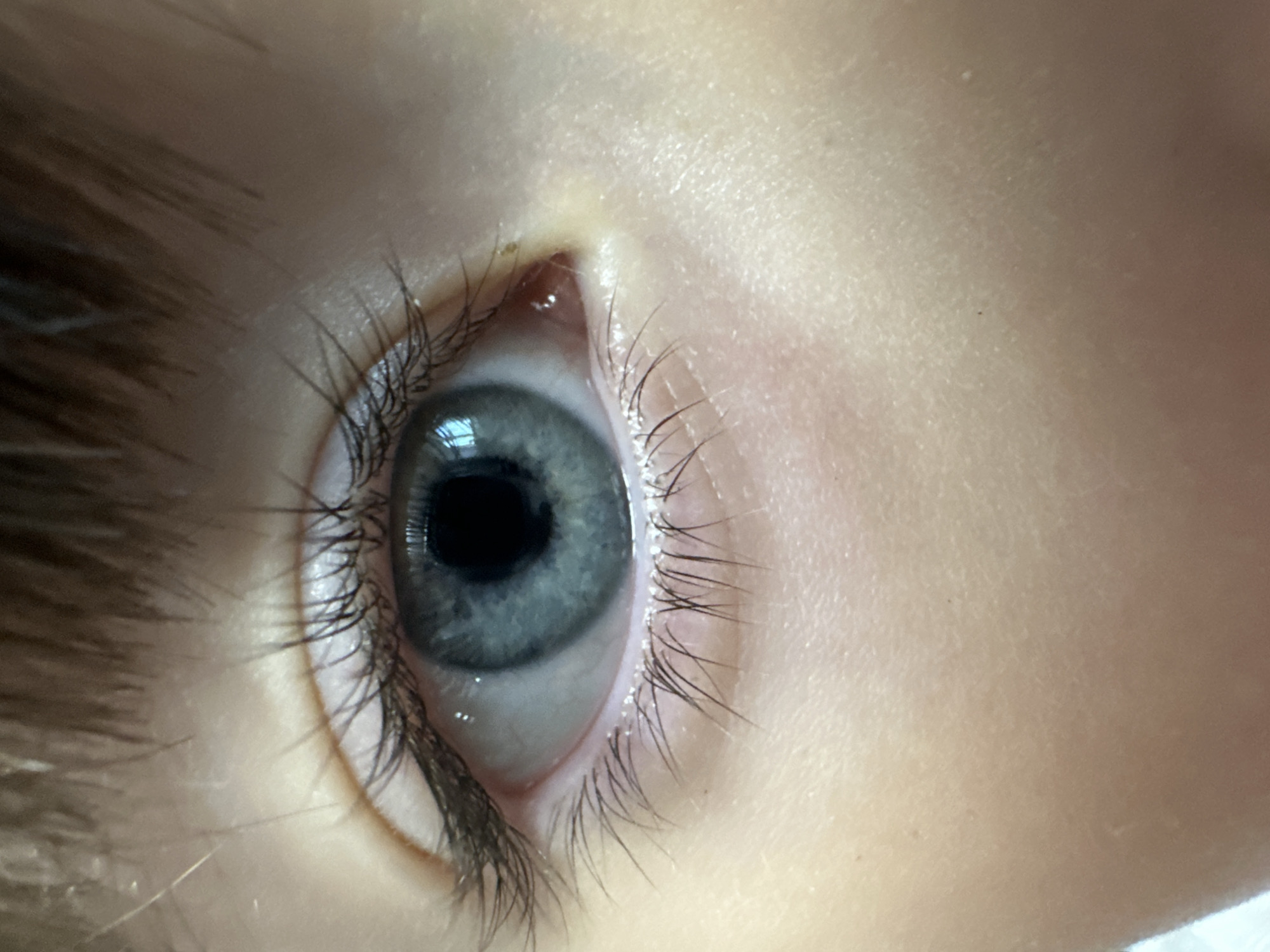 A close-up photograph depicts a human eye, likely belonging to a child given the smooth skin and soft eyelashes. The iris is a grayish-blue hue, reflecting light. The pupil is black. The eye is surrounded by eyelashes and light skin. Some brown hair is visible near the edge of the eye. There is no indication in the image to suggest it was taken in the city of Chaikovsky, Russia, or any other location.