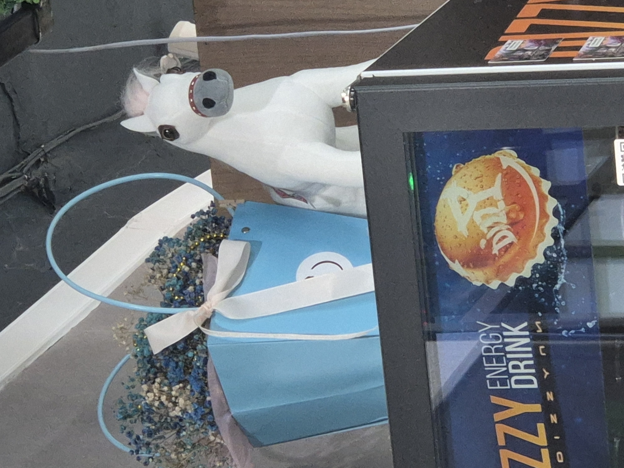 The image shows a close-up, eye-level shot of a display in Kokshetau, Kazakhstan. In the foreground, the top of a black vending machine is visible, with a green LED light illuminating the display area. The display features a large, vibrant advertisement for "DIZZY ENERGY DRINK," with a close-up of the drink's cap, a splash of liquid, and the brand name prominently displayed. To the left, the text "DIZZY ENERGY DRINK" is visible. Above the vending machine, a white stuffed toy horse with brown eyes and a pink mane sits to the right. To the left of the horse, a light blue gift bag is filled with dried blue and white flowers, adorned with a white ribbon. The background consists of a grey, textured surface above the gift bag and horse, and a brown, vertical surface to the right. The overall impression is of a decorative display, possibly within a shop or commercial establishment.