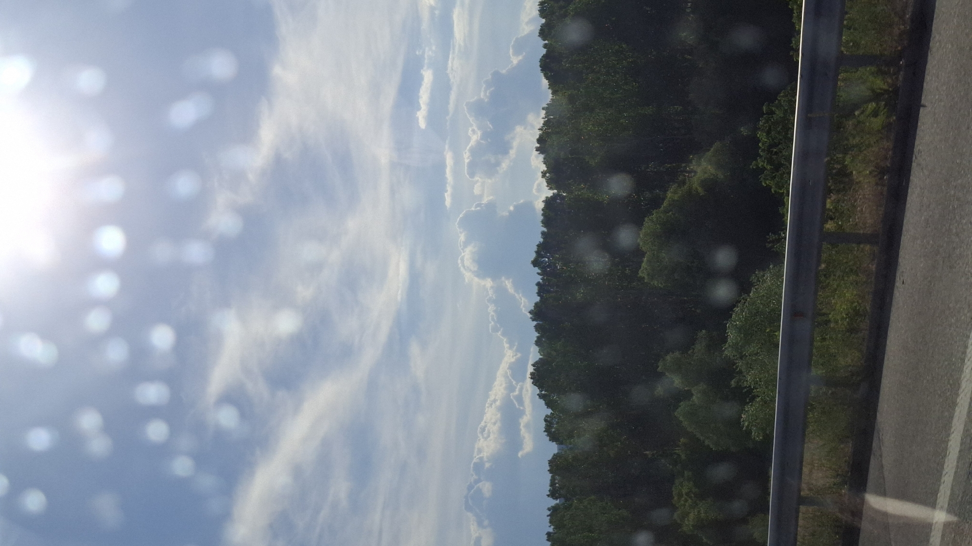 The image shows a view from a vehicle traveling on a road. The foreground is occupied by a gray metal guardrail, followed by the asphalt of the road with a white line marking its edge. Behind the guardrail is an area of dry grass and weeds. Further back, a dense line of dark green trees stretches across the middle ground, forming a woodland. The background is dominated by a blue sky filled with scattered white clouds, with the sun shining brightly in the upper right portion of the image, creating a lens flare effect. The scene appears to be a roadside view with natural elements. The mention of Blajievo, Bulgaria is contextual information not directly derivable from the visual content of the image.