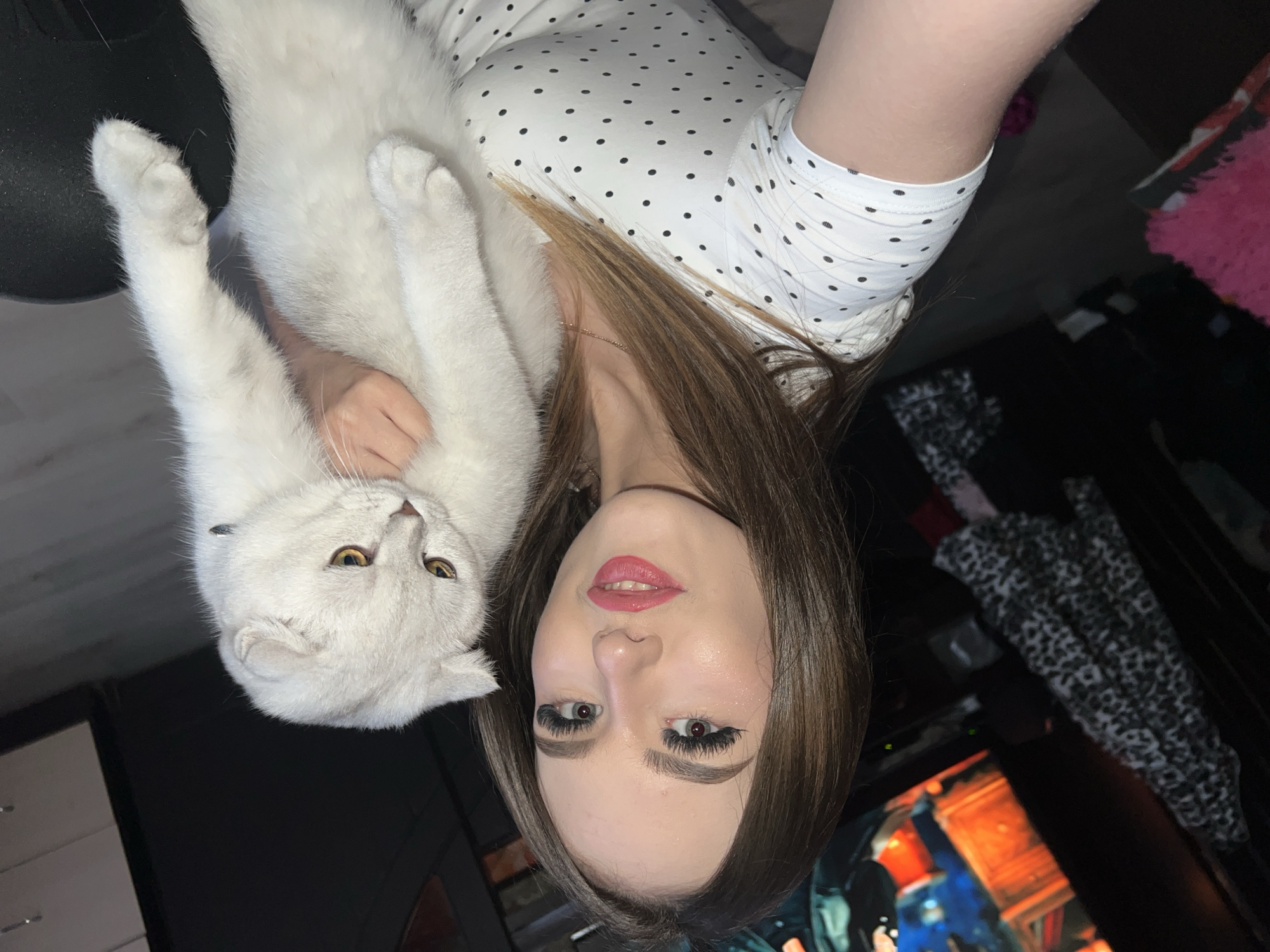 A woman is holding a white cat. The woman has long brown hair, fair skin, and is wearing a white dress with black polka dots. She is looking at the camera. The cat has yellow eyes. The location in the city of Noviy, Russia is not discernible from the image.