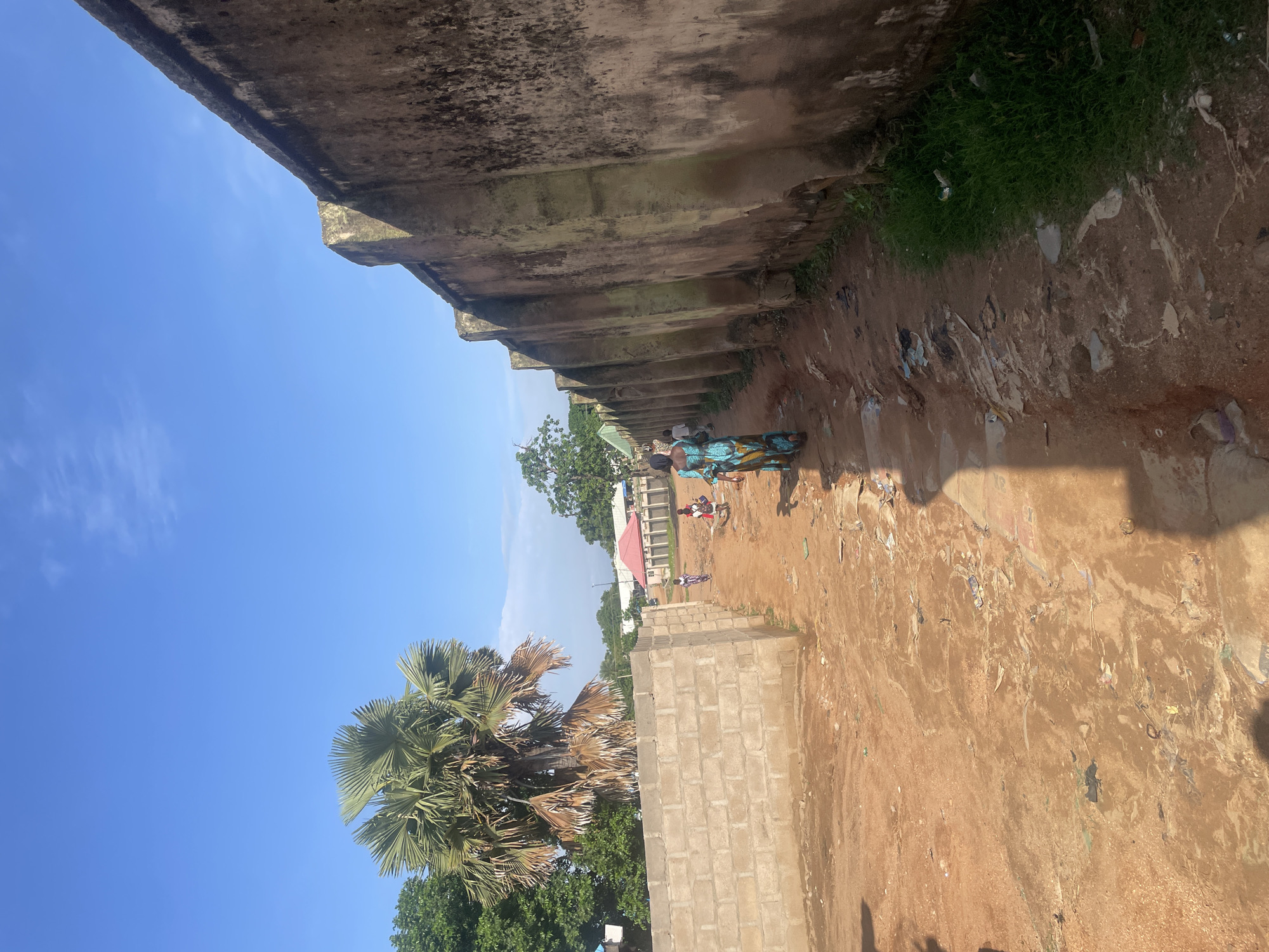 The image depicts an outdoor scene, likely in Jalingo, Nigeria, under a bright blue sky with some wispy clouds, suggesting a clear, sunny day. The perspective is angled, as if the camera is tilted.
In the foreground, a rough, sandy path is covered in scattered debris, including paper and plastic. To the left, a large, lush green palm tree dominates the view, with another smaller green tree visible behind it.
Further back, a woman in a vibrantly colored blue and green patterned dress is walking along the path. She is accompanied by two children who appear to be playing or walking with her. Behind them, a low-rise building with a red roof is visible, surrounded by more trees. There is also a construction site with a wall made of concrete blocks.
The overall impression is one of a warm, possibly humid day in a rural or semi-urban setting. The discarded litter on the ground suggests a less-than-pristine environment. The scene is lively with the presence of people, particularly the woman and children. The architecture and vegetation are consistent with a tropical or subtropical location.