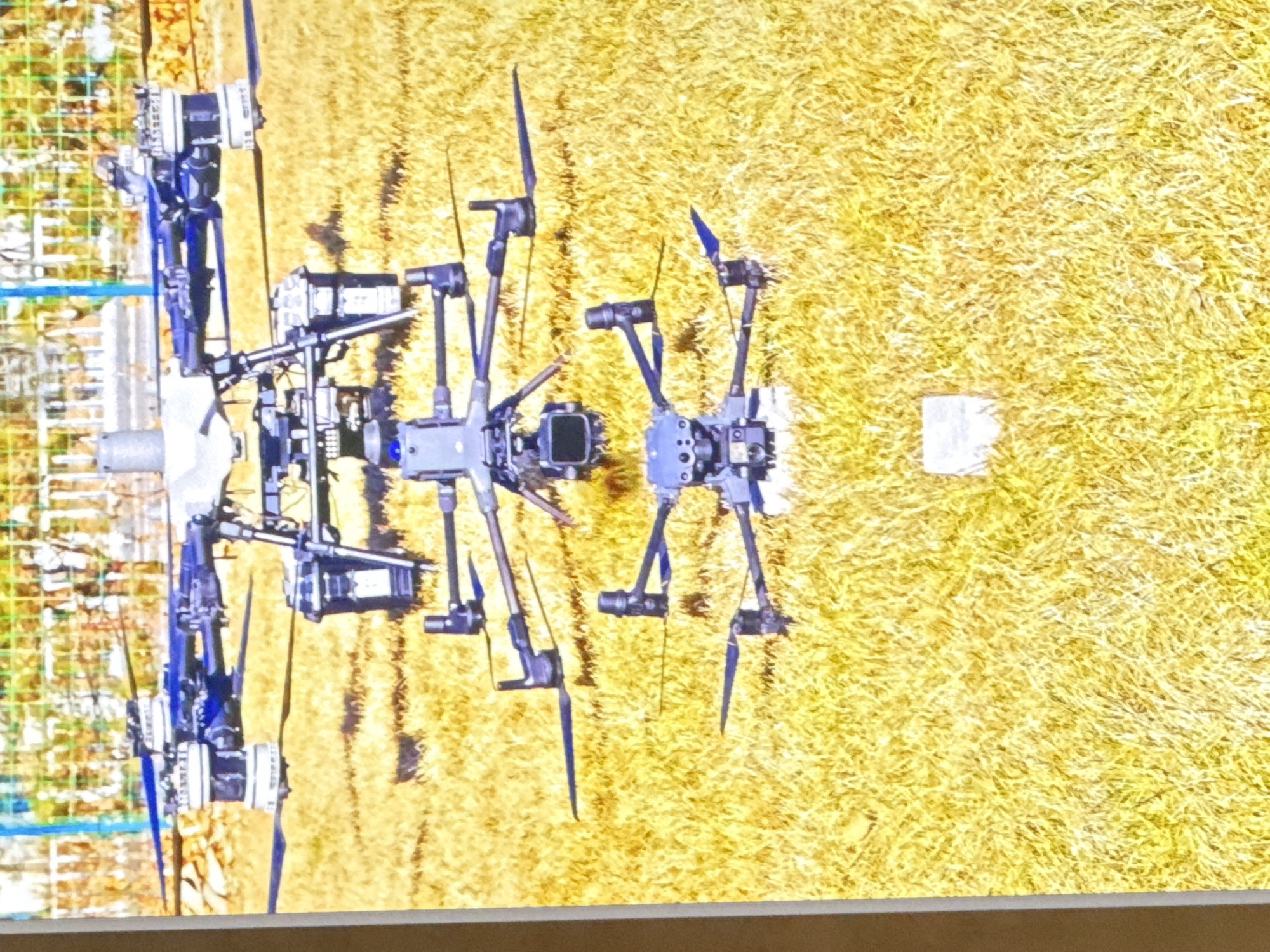 The image is an aerial view, likely taken by a drone, of a grassy field with two drones on the ground. The drones are complex, multi-rotor aerial vehicles with various attachments. One drone is larger and more intricate, with multiple arms extending from a central body and a gimbal-mounted camera. The second drone is smaller and simpler in design. Both drones have propellers, suggesting they are ready for flight or have recently landed.
The setting is a sunlit, open field, likely agricultural, given the texture of the ground which resembles dry grass or stubble from a harvested crop. The lighting suggests it is daytime, possibly late morning or afternoon, with bright sunlight casting shadows. There are no people visible in the image. A small white object, possibly a marker or piece of equipment, is present in the grass near the smaller drone. In the background, to the left, a fence or structure with a blue grid pattern is partially visible, suggesting the field is adjacent to another area. The image appears to be taken from a high angle, looking directly down. The overall scene conveys a sense of technological deployment in an outdoor, rural environment.