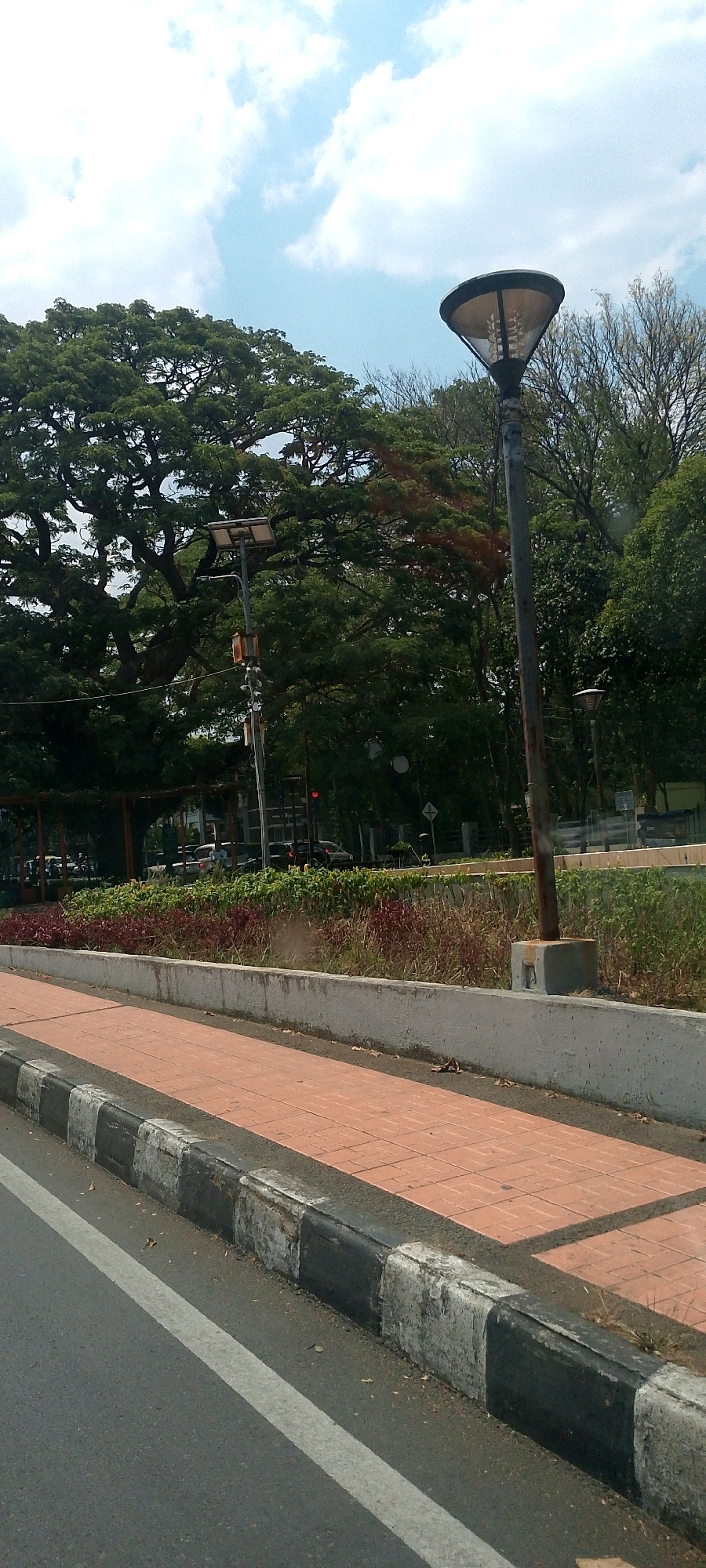 A street-level, eye-level, medium shot captures a paved walkway with terracotta-colored tiles, bordered by a concrete curb painted with alternating black and white stripes. The walkway runs parallel to an asphalt road marked with a white line. Beyond the walkway, a raised flower bed features a mix of green and reddish-purple foliage. A large, mature tree with a sprawling canopy dominates the background, partially obscuring a grey street lamp with a conical shade and a solar panel attached to its pole. Further in the background, the scene opens up to a hazy sky with scattered white clouds. The overall impression is that of a well-maintained urban public space. It is not possible to determine the specific location within Bandung City, Indonesia, from the image alone.