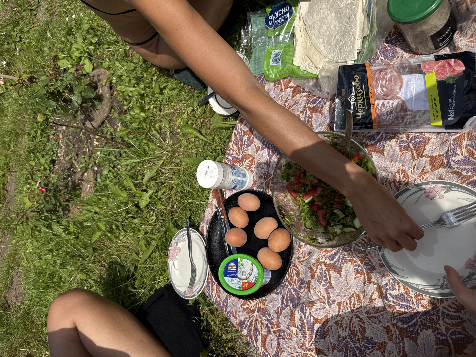 The image shows a picnic on a sunny day. In the foreground, there are two plates, one with a fork and a floral pattern, and another black plate holding six eggs and a container of spread. A glass bowl filled with salad is visible to the right. Further to the right, there is a package of sliced salami, flatbreads, and a jar with a green lid. The ground is covered in green grass and a patterned blanket. Two people's legs are visible, suggesting they are seated on the blanket. The location is identified as Красная Пресня Снт, Russia.
