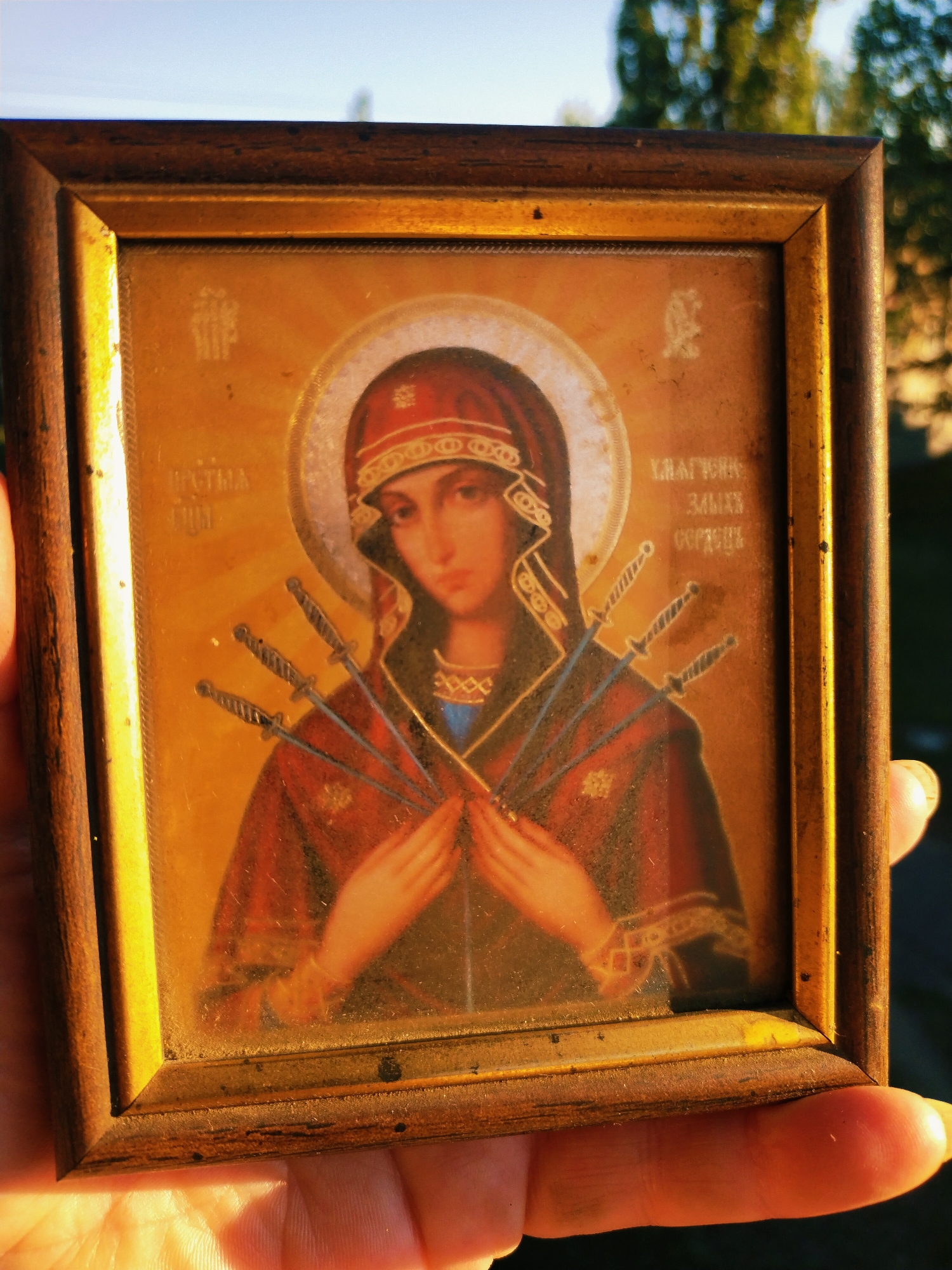 An unframed, square-format icon depicting the Virgin Mary pierced by seven swords is held by a person in the city of Horishni Plavni, Ukraine. The icon has a golden halo and is framed by a wooden border. The Virgin Mary wears a red robe and a veil, with her hands clasped. The background is blurred, showing trees and a bright sky, indicating an outdoor setting. The person's fingers are visible on the bottom edge of the icon. The lighting suggests it is daytime, possibly late afternoon due to the warm tones.