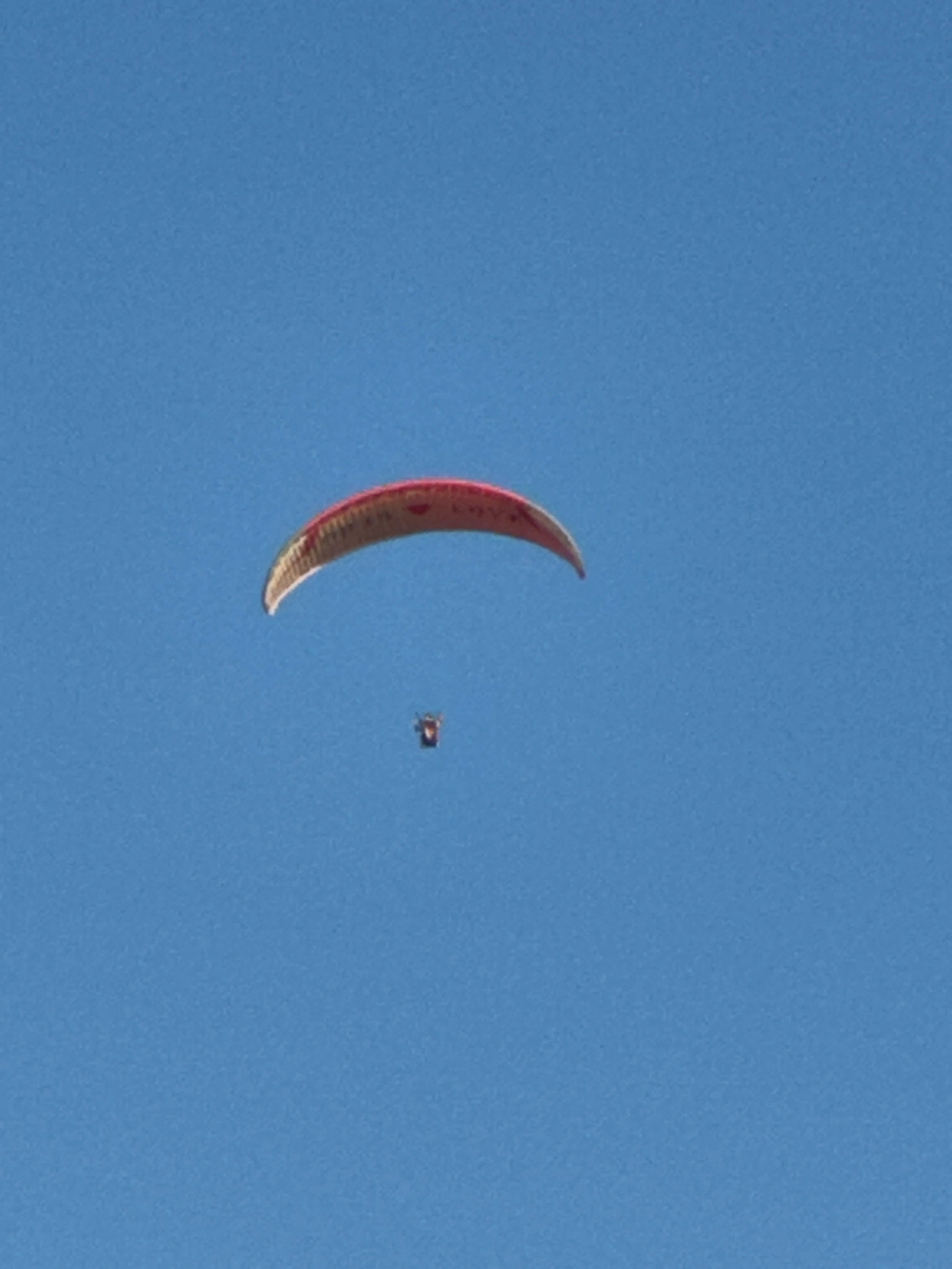 A paraglider is visible against a clear blue sky. The paraglider is red and yellow, with the pilot underneath appearing as a small dark figure. The paraglider is positioned in the upper center of the frame, while the pilot is slightly below and to the left of the paraglider. No other objects or people are visible. The scene appears to be an outdoor activity taking place in Boreti, Montenegro.