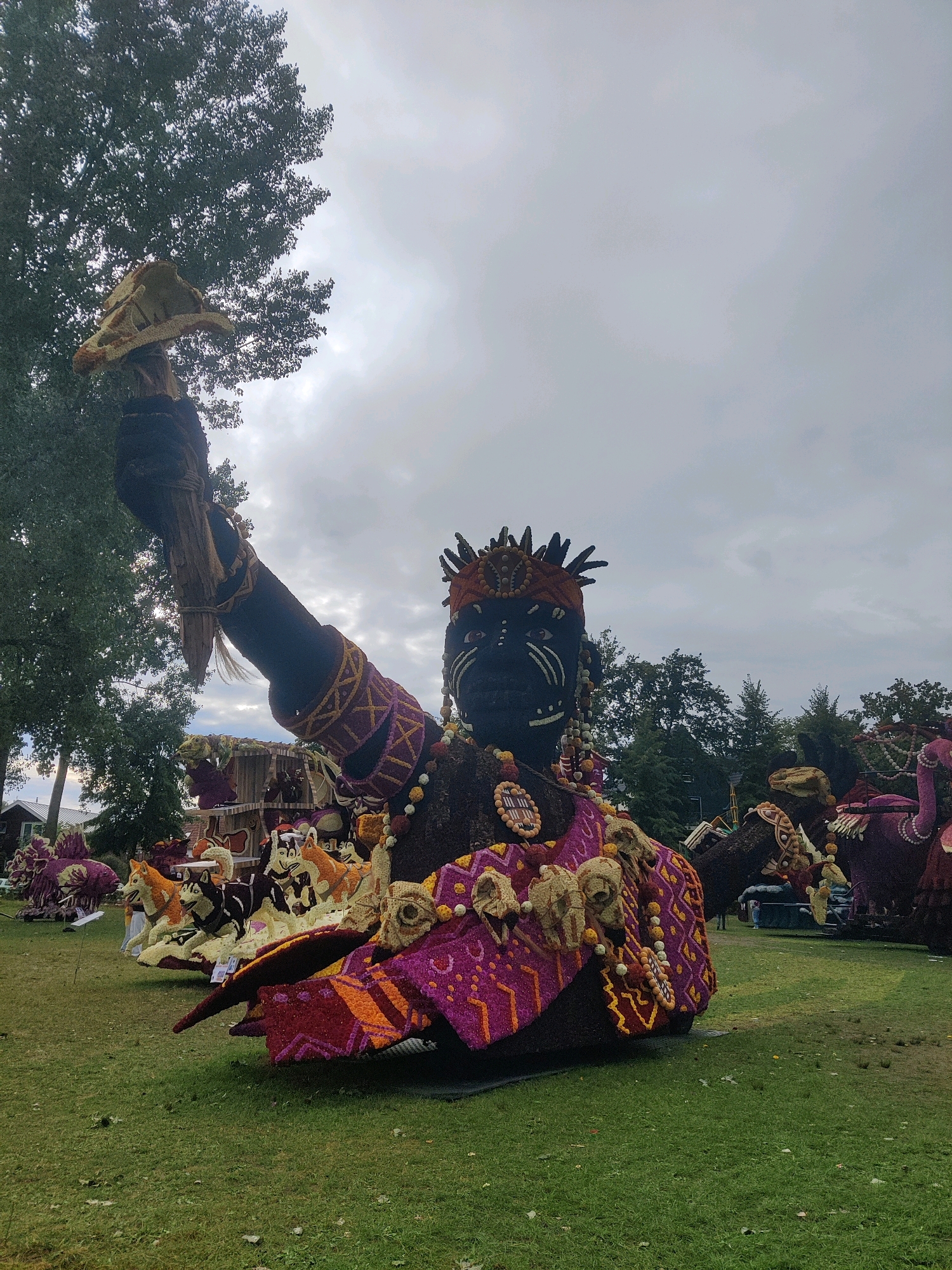 The image depicts a large, elaborate float in the shape of a human figure, likely part of a parade or festival, on a grassy field with trees in the background. The float is intricately decorated with what appears to be flowers or other organic materials. The figure has dark skin and is adorned with colorful fabrics and beaded necklaces. It is raising its right arm, holding a symbolic object. Behind the central figure, other floats are partially visible, including animal figures resembling dogs or wolves. The setting appears to be outdoors, with a cloudy sky. The image was taken in Winterswijk, Netherlands, suggesting this is a local event or attraction. No people are clearly visible interacting with the float in the immediate foreground, though some figures are in the distance.