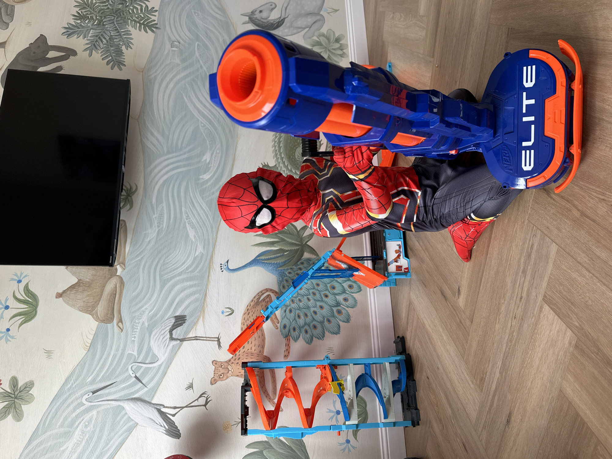 An individual, a child, is depicted indoors in the City of Chaikovsky, Russia. The child is wearing a full-body Spider-Man costume, primarily red with black and gold/silver accents, including a mask with white mesh eyes. The child is positioned on a light brown, herringbone-patterned wood-effect floor, kneeling or crouching towards the right foreground. Both hands grasp a large, blue and orange toy blaster, branded "NERF ELITE" in white letters on its base, which features an orange barrel interior.
In the background, two Hot Wheels-style track sets are visible. To the left, a tall, multi-level track structure, primarily blue and orange, features spiral ramps. Behind the child and to the right of the vertical track, an inclined orange and blue launcher track is present.
The wall is covered with an elaborate, light-colored wallpaper depicting a natural scene. Elements include a wide, light blue river with ripple patterns and fish, two white cranes or herons, a light brown leopard-like cat, a blue peacock with fanned tail feathers, a dark bear, and a grey horse. Various green plants and small flowers are interspersed. A large, black, flat-screen television with a dark screen is mounted on the wall in the upper right background, with the "Hisense" brand logo faintly visible. A white baseboard runs along the bottom of the wall. The scene is brightly lit.