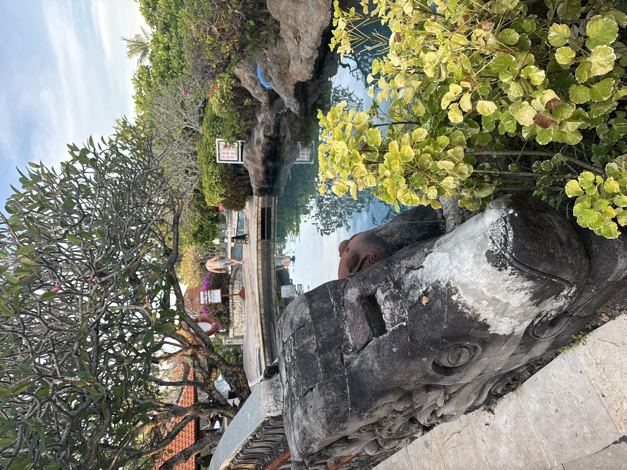 The image shows a stone structure resembling a fish or dragon head near a pool in Kuta Selatan, Indonesia. The pool reflects the sky and surrounding vegetation. A tree with bare branches is on the left, and a bush with variegated leaves is on the right. In the background, a person walks near lounge chairs and a life preserver. A sign is visible by the pool's edge, nestled in some green foliage. The foreground showcases the textured and weathered details of the stone sculpture.