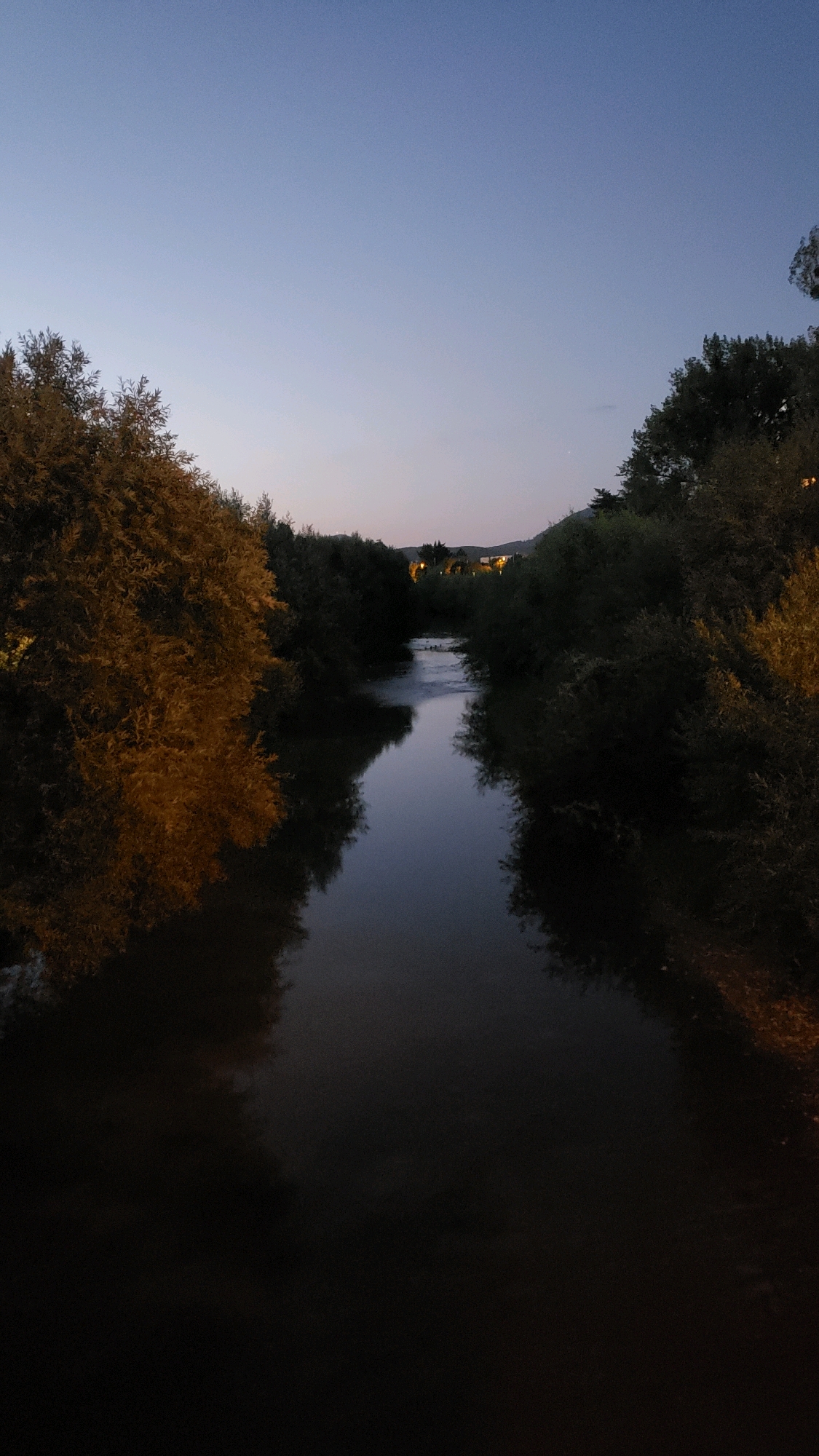 The image depicts a view of the Torysa River in Prešov, Slovakia, during twilight. The sky above is a gradient of pale blue fading to a darker hue. On either side of the river, dense foliage, primarily trees, lines the banks. The tree on the left side of the foreground is illuminated with a warm, golden light, highlighting its leaves. The river itself appears dark and calm, reflecting the surrounding environment and the fading light of the sky. In the distance, lights from a settlement are visible nestled among the trees on the far bank, suggesting a populated area. The overall scene is serene and tranquil, characteristic of a natural landscape within or near a city.
