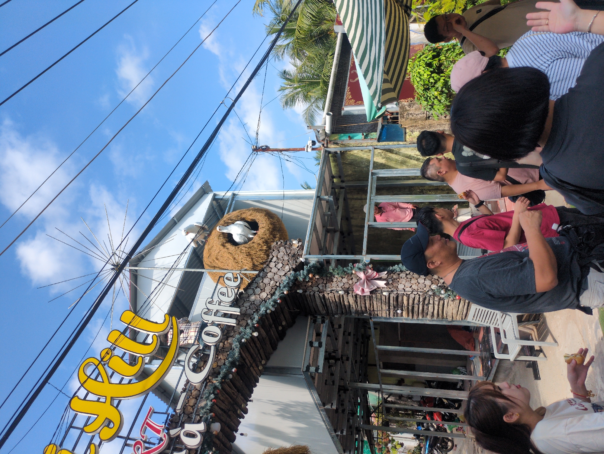 The image captures a scene in Phú Quốc, Vietnam, showing a building with the sign "Trà Coffee" adorned with festive decorations. A group of people is gathered outside the building. The architecture features a unique design with elements like wood and a decorative bird's nest. Overhead, power lines traverse the sky. The environment suggests a tropical setting.