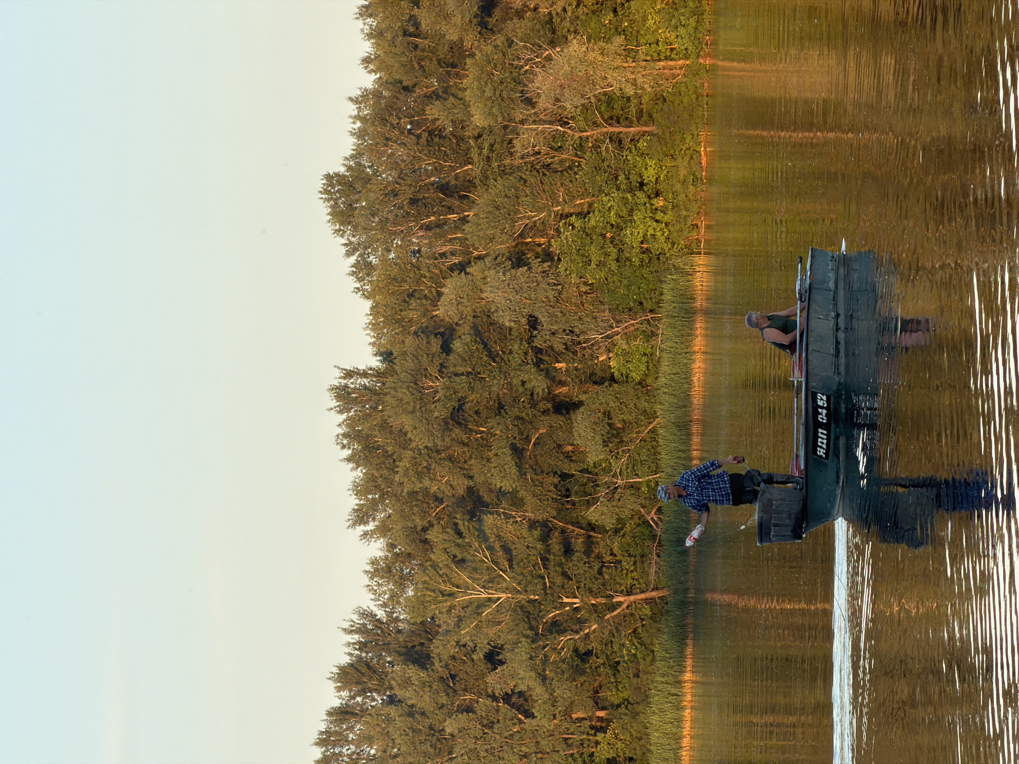 In the city of Obukhivka, Ukraine, a tranquil scene unfolds on a body of water, likely a river or lake, bathed in the warm glow of sunset. The water's surface is a shimmering canvas reflecting the golden light and the dense, verdant forest that lines the far bank. Two individuals are present, each in a separate small, green boat.
In the boat closer to the foreground, a man stands, holding what appears to be a white plastic bottle in his outstretched right hand, possibly about to discard it. He is wearing a blue and black plaid shirt, dark trousers, and a cap. His posture suggests he is in the act of disposing of the item.
In the boat further back, a second individual, appearing to be a woman, is seated. She is wearing a dark green vest or tank top and is looking towards the left. Her boat is equipped with a small outboard motor.
The backdrop of the scene is dominated by a thick, mature forest, with a variety of trees displaying a rich spectrum of greens. A line of tall, reedy vegetation runs along the water's edge in front of the forest. The sky above is a soft, pale blue, fading into a lighter hue near the horizon, indicating the late hour of the day. The water itself exhibits subtle ripples, creating streaks of light and shadow. The boat in the foreground bears Cyrillic lettering which appears to read "ЯДП 04 52", likely a registration number.