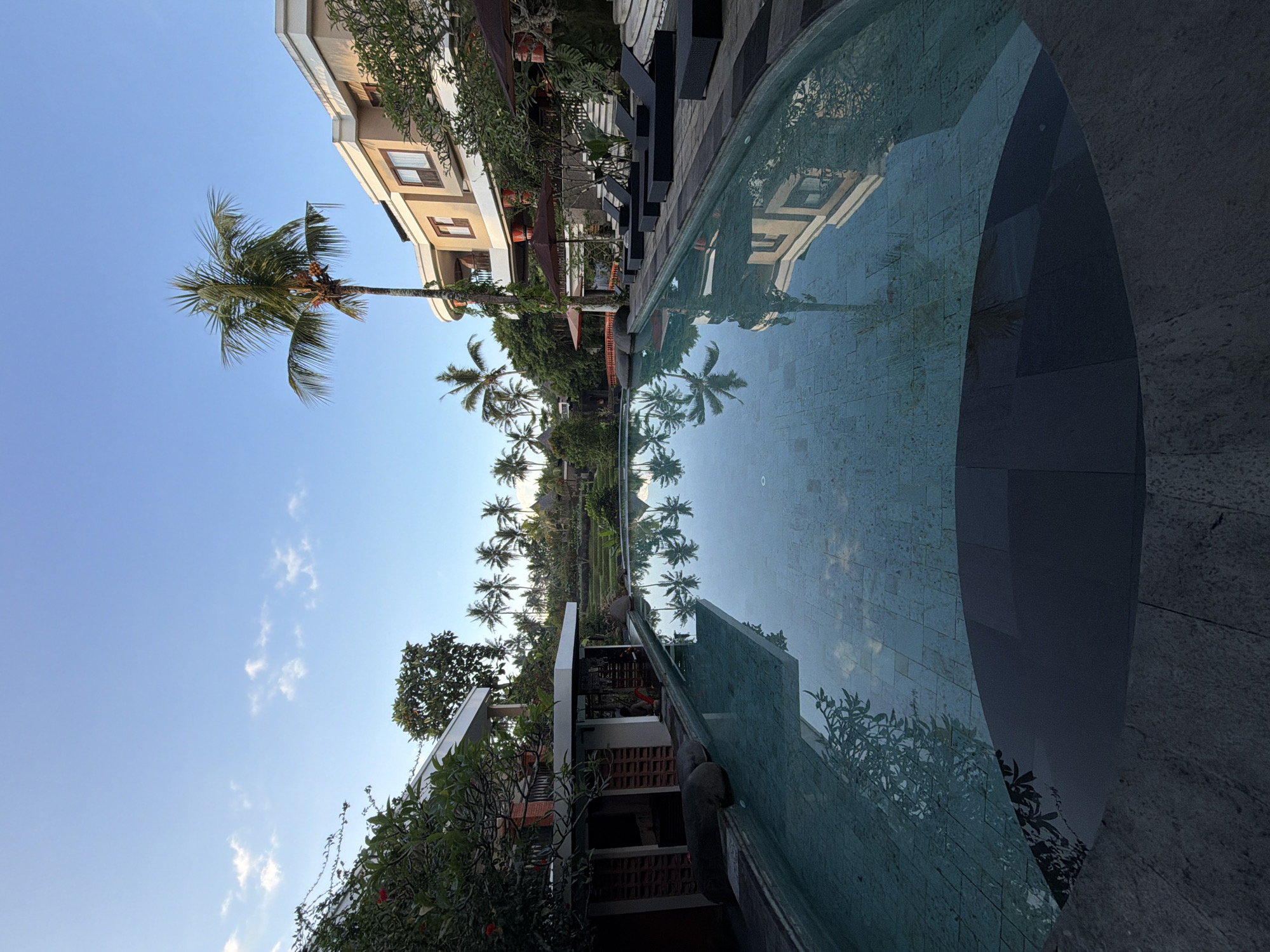 A view of a swimming pool that reflects buildings and palm trees is seen in Peliatan, Indonesia. The pool is a textured blue-green color, and is enclosed by a stone-like perimeter. The buildings on either side of the pool are multistory, with architectural details of windows and rooflines visible in the reflection and direct view. Palm trees dot the skyline, silhouetted against a pale blue sky with a few wispy clouds.
