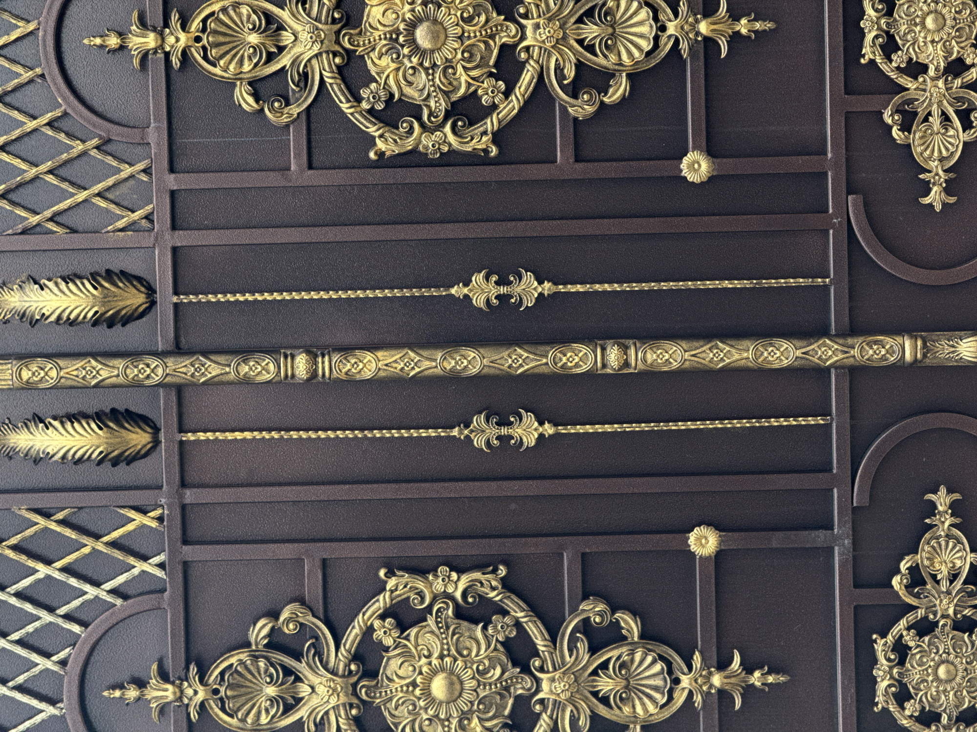 The image shows a detailed close-up of an ornate metal gate. The gate is primarily dark brown, with intricate gold-colored metalwork embellishing its surface. The metalwork includes floral patterns, scrolls, geometric designs like a lattice, and what appear to be stylized leaves or feathers. The background is out of focus. There is no indication of people, specific actions, or interactions. The image doesn't provide enough context to confirm that the image was taken in Sochi, Russia.