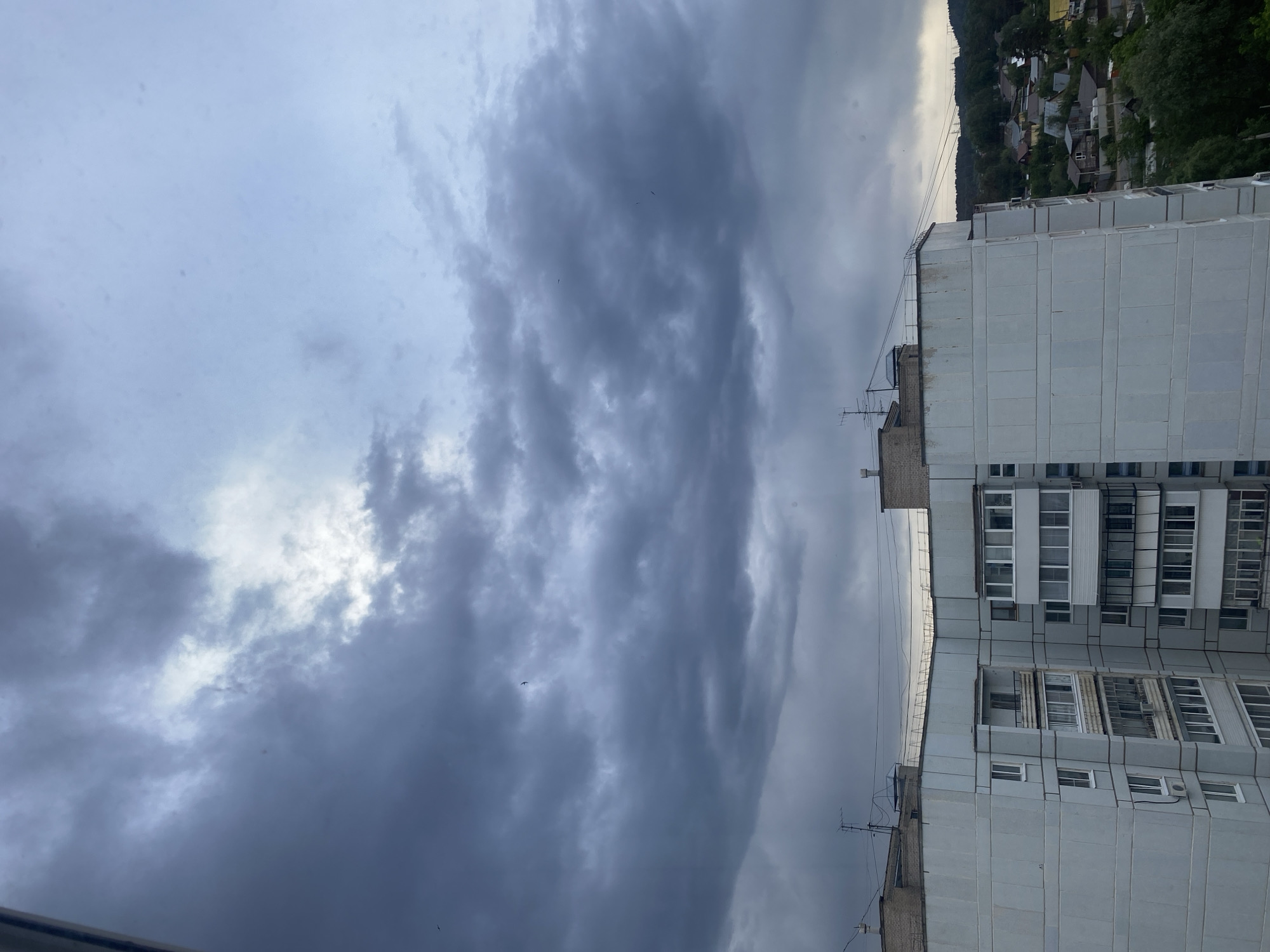 The image shows a cloudy sky above a multi-story apartment building in Chaikovsky, Russia. The building is constructed of prefabricated concrete panels and features balconies and windows. In the background, there is a glimpse of a hillside covered with trees and houses. The sky is overcast with dark, heavy clouds. Several birds are visible in the sky. Utility lines run along the edge of the building.