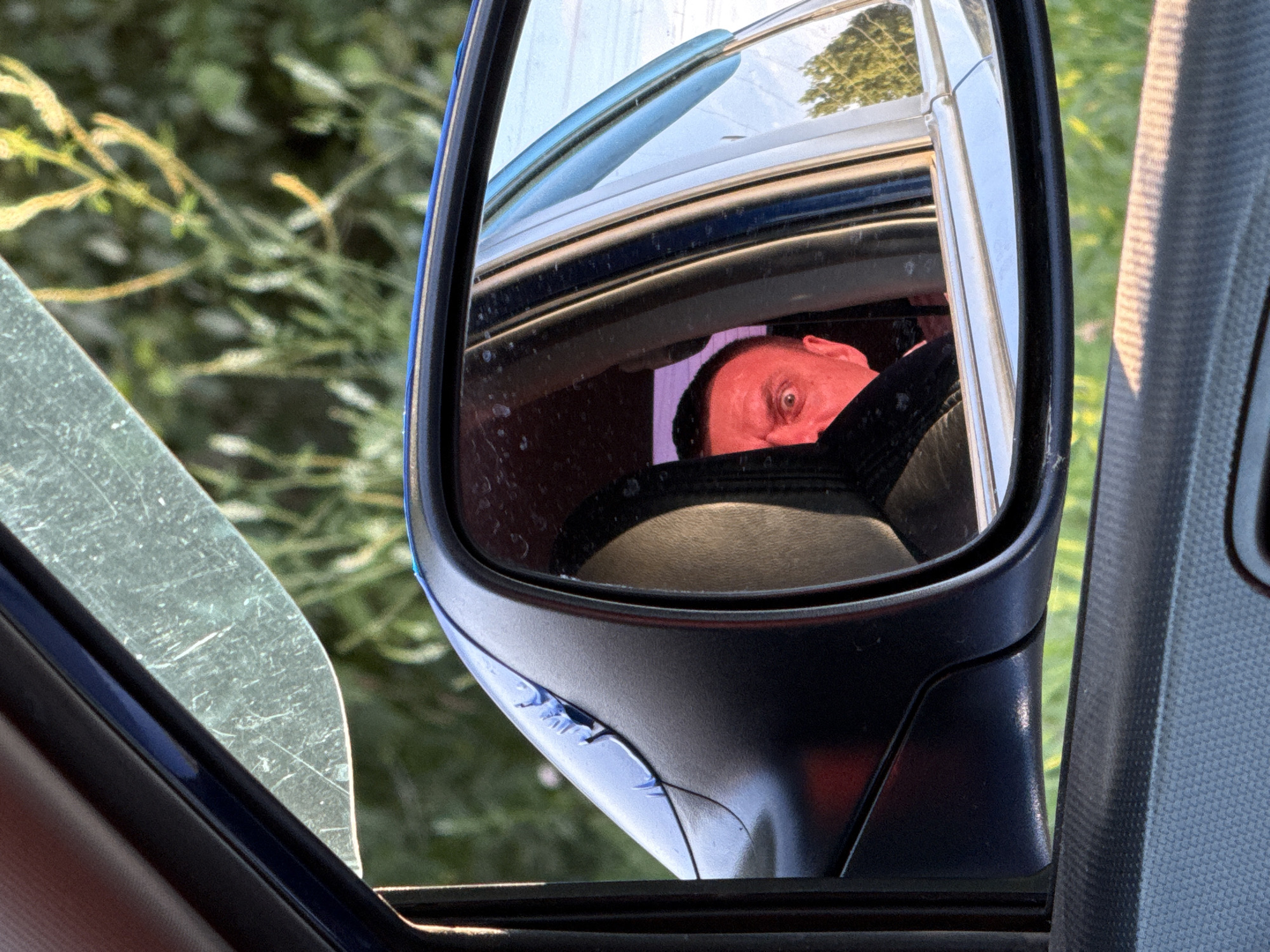 The image is a photograph taken from inside a vehicle, looking out through the side window and into the side mirror. The side mirror reflects the face of a man with wide, startled eyes, appearing to be illuminated by red light from within the vehicle. The man's face is the primary subject of the reflection. The exterior of the vehicle is visible, including a scuffed and peeling blue paint section on the mirror housing. Outside the vehicle, the environment appears to be rural or semi-rural, with blurred green foliage and trees in the background. There is no specific indication of the city of Chaikovsky, Russia, within the visual elements of the photograph. The image captures a moment of intense facial expression reflected in a car's side mirror.