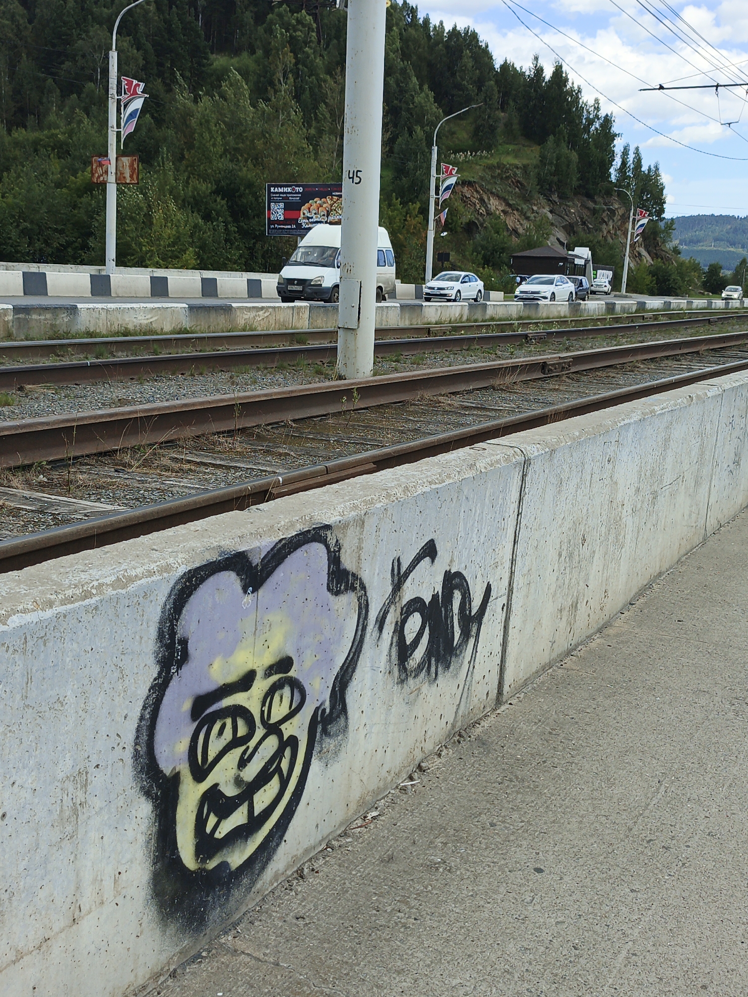 The image shows a concrete barrier with graffiti in the foreground, a set of railway tracks in the middle ground, and a road with cars and trees in the background. The graffiti on the barrier depicts a cartoonish face with yellow and purple coloring and bold black outlines, as well as a black text tag. The railway tracks are rusty and appear disused, with weeds growing between them. On the road, several white cars are visible, and beyond the road, a dense forest covers a hillside. The sky is cloudy. The scene suggests an urban or suburban environment with industrial and natural elements. The presence of Russian flags on a pole near the road indicates the location is likely in Russia, and based on the information available, this scene is consistent with the landscape found in Zlatoust, Russia. There are no people clearly visible in the image.