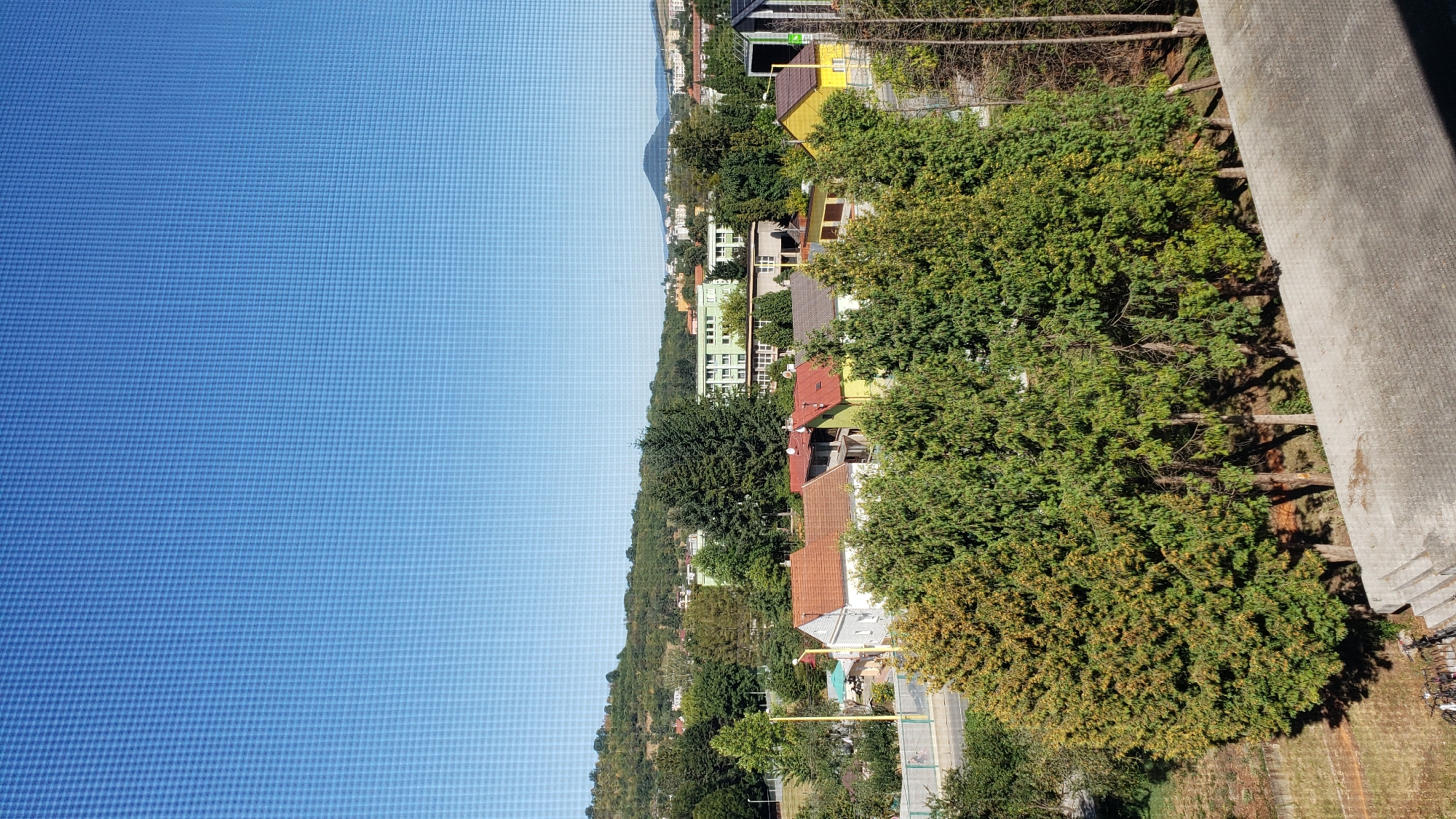 This image depicts a view of a residential area in Prešov, Slovakia, as seen from a higher vantage point, likely an upper-floor window with a visible screen pattern overlaying the scene. The foreground is dominated by the tops of several tall evergreen trees with dense foliage, some exhibiting a yellowish-green hue, suggesting autumn colors. Below the trees, a concrete structure, possibly a rooftop or walkway, is visible in the bottom right corner.
In the mid-ground, a cluster of houses with various colored roofs, including red, orange, and yellow, are nestled amongst more trees. Some of these houses appear to be single-family dwellings. Behind the houses, a street or road is visible, with a yellow pole, possibly a lamppost, near a small white structure. Further in the background, a larger, light-green building with multiple windows and balconies stands out. Beyond this, a more distant cityscape is visible with buildings of varying sizes and heights, and rolling green hills form the backdrop under a clear blue sky. The overall impression is a suburban or semi-urban setting on a sunny day.
