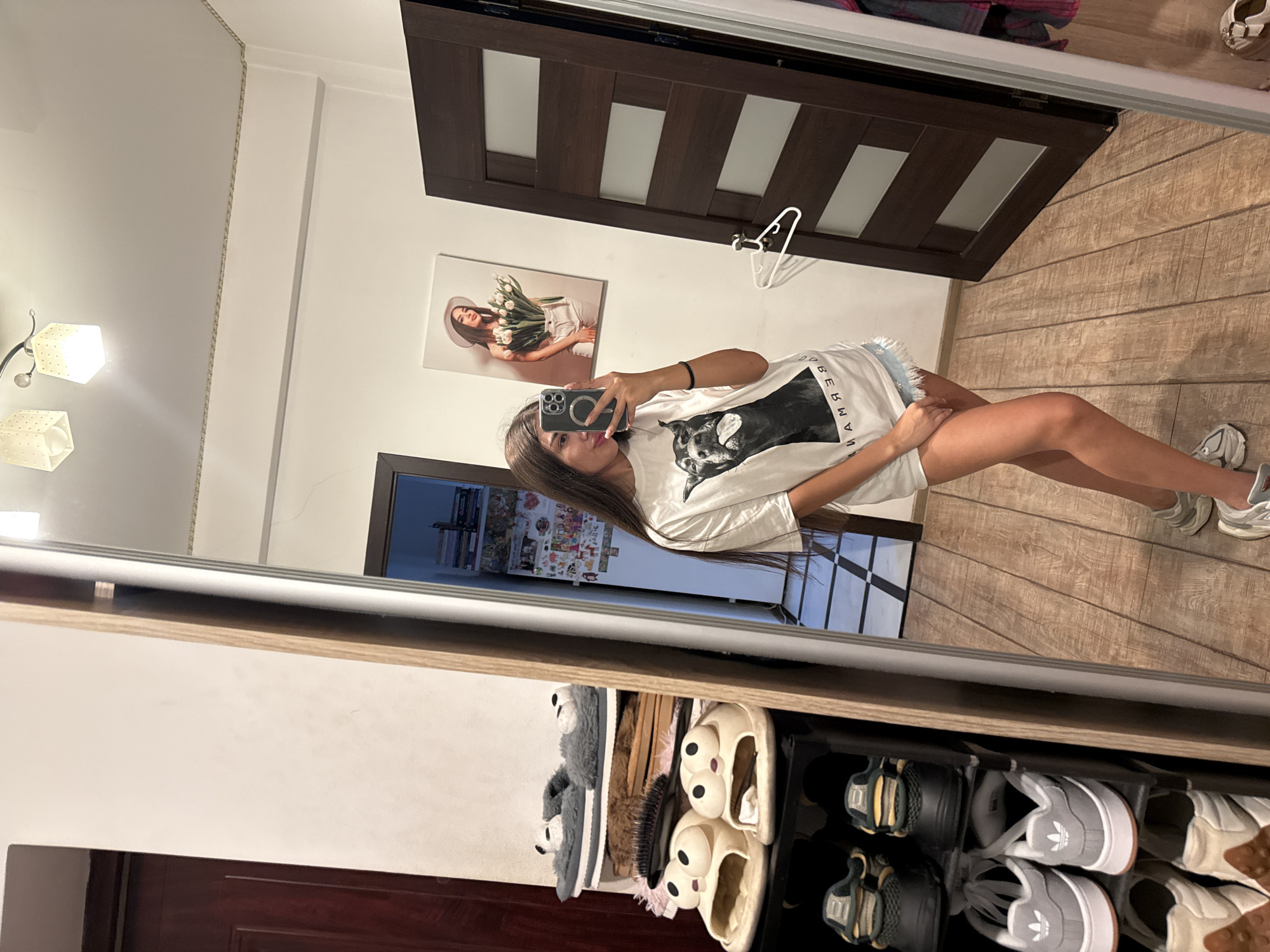 In the city of Chișinău, Moldova, a young woman is taking a mirror selfie in a well-lit room. She has long, dark hair and is wearing a white t-shirt with a black dog graphic and light-colored denim shorts. She is holding a smartphone in her right hand, angled to capture her reflection.
The room appears to be a hallway or dressing area. To her left, a shoe rack is filled with various pairs of footwear, including fluffy slippers and athletic shoes. Behind her, a dark wooden door is visible, and above it, a framed picture of a woman holding a bouquet of flowers hangs on the wall. A ceiling light fixture with two square shades is also present. The floor is covered with light-colored wooden planks. The overall environment suggests a residential setting, possibly an apartment or house.