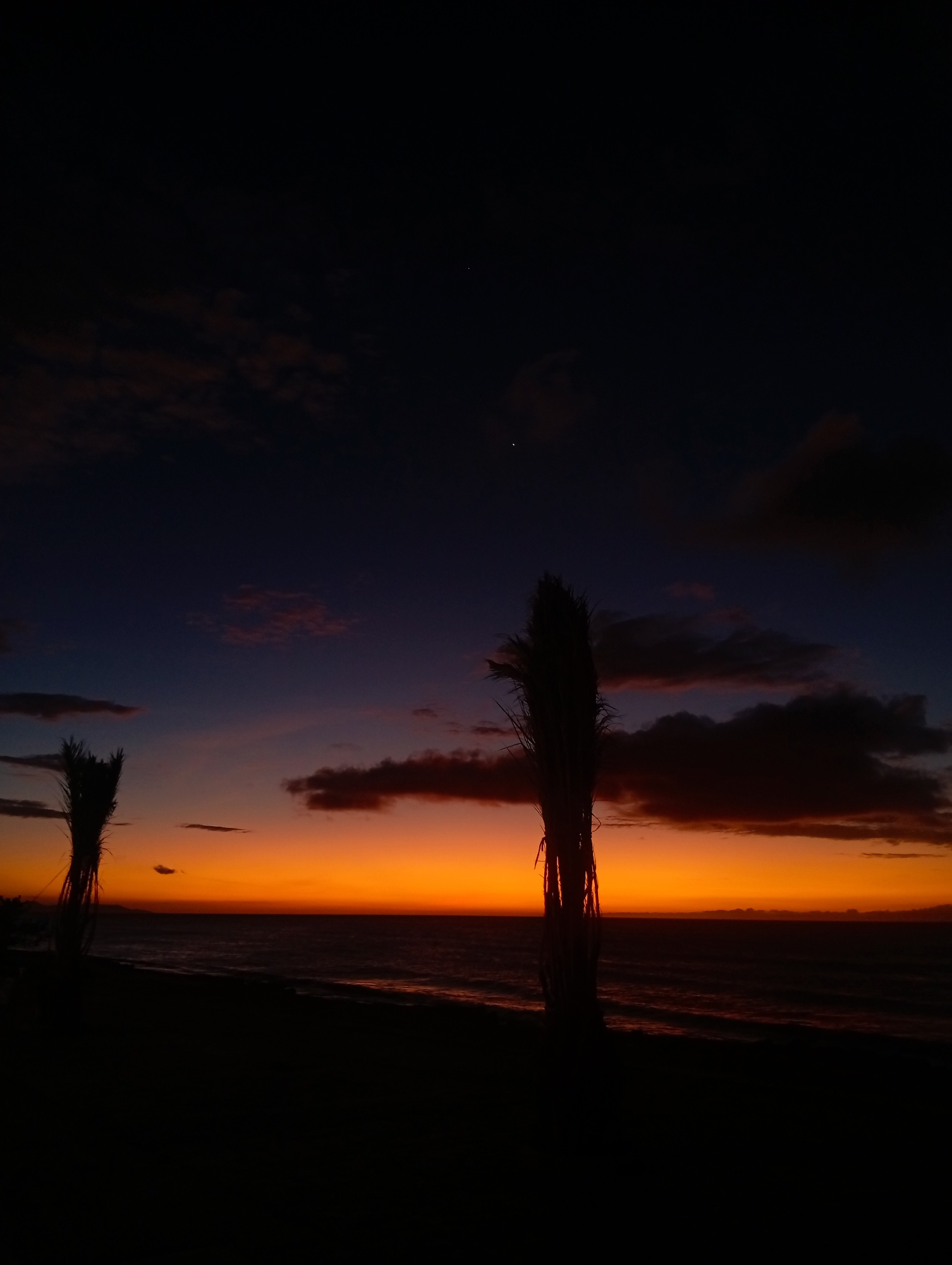 The image captures a twilight scene at a beach in La Guardia, Venezuela. The sky transitions from a deep blue to a bright orange-yellow at the horizon, with scattered clouds visible. Two dark, silhouetted objects, possibly trees or large plants, stand prominently in the foreground. The beach is dark and indistinct, and the sea reflects the colors of the sky. There are no people visible in the scene. A single small point of light, possibly a star or planet, is visible in the upper portion of the image.