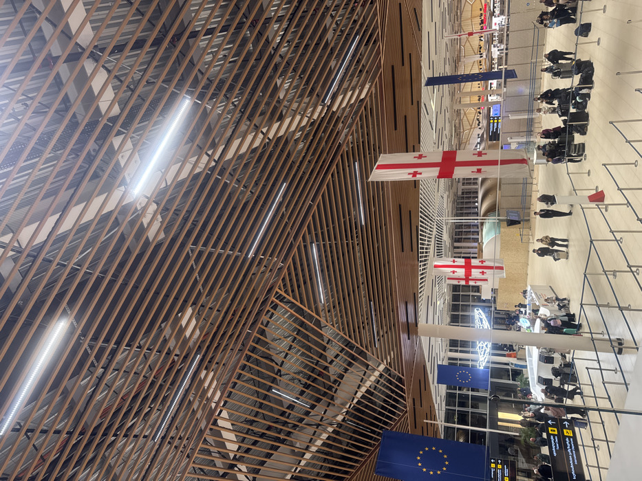 An indoor airport scene is captured with a distinctive wooden ceiling design featuring angled slats. Prominently displayed are the Georgian and European Union flags hanging from the ceiling. Below, lines of people with luggage wait at check-in counters. Fluorescent lights are integrated into the wooden ceiling design, and the floor is a light-colored tile. The angle of the shot emphasizes the ceiling's geometric pattern.