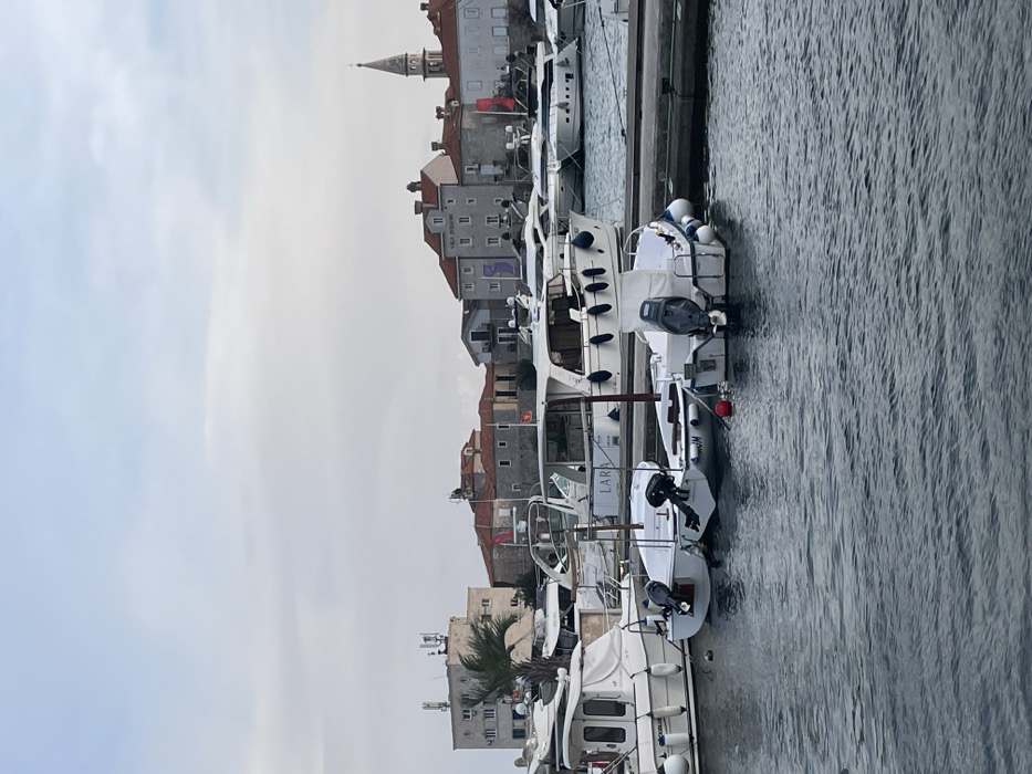 The image depicts a marina scene in Budva, Montenegro, specifically the Budva Marina adjacent to the city's Old Town. The sky is overcast and light gray. The foreground consists of dark gray-blue water with minor ripples. A concrete pier runs horizontally, to which multiple boats are moored. In the immediate midground, three small white motorboats are docked, two featuring black outboard motors and one with a blue-gray outboard motor. One small boat has "JM" stenciled on its stern. Various fenders and buoys are attached to these vessels. Behind these, numerous larger white recreational motor yachts and cruisers are docked, with one prominent yacht displaying "LARA" on its stern. The background features a cityscape. On the far left, a multi-story light-colored building with multiple antennas on its roof is visible, partially obscured by a palm tree. To its right, a collection of buildings with terracotta tile roofs and light-colored facades. A notable gray building displays "VILLA P..." text. On the far right, a distinctive pointed bell tower rises above the rooftops, indicating Budva's Old Town. Red flags and at least one Montenegrin flag are visible among the buildings. No people are present in the scene. The overall lighting suggests an overcast daytime condition.