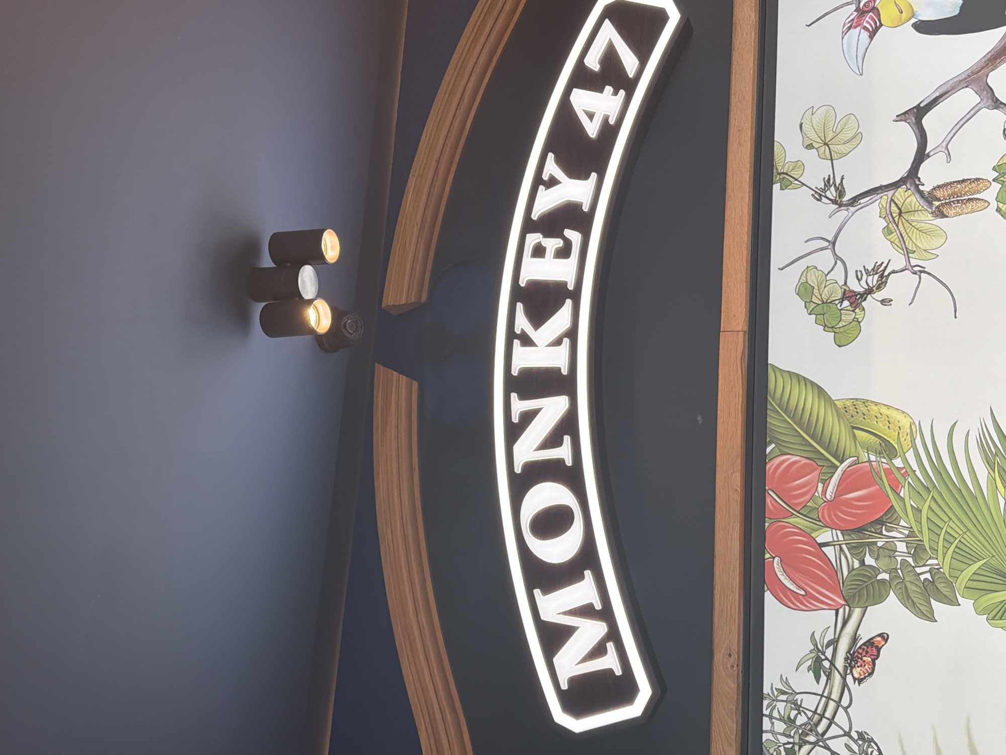 An interior shot displays a stylized sign for "MONKEY 47" illuminated in bright white letters against a dark, curved background, edged with a wooden-like frame. The sign is oriented vertically. To the left of the sign, on a dark gray or blue-gray wall, are three cylindrical wall-mounted lights. Two of these lights are actively glowing with a warm, yellow hue, casting soft illumination on the surrounding wall. Curved wooden strips are also visible on the wall, adding to the decorative elements.
To the right of the "MONKEY 47" sign, a vibrant botanical-themed wallpaper or mural is visible. This artwork features lush green tropical leaves, bright red anthurium flowers, and what appears to be a butterfly near the bottom. Towards the top right, parts of a bird (possibly a toucan) with a colorful beak and branches with light green leaves and seed pods are depicted. The overall impression is one of a chic, modern establishment, likely a bar or restaurant, possibly located in Varna, Bulgaria, given the location context. There are no people or specific activities taking place, and the artificial lighting suggests an indoor setting.