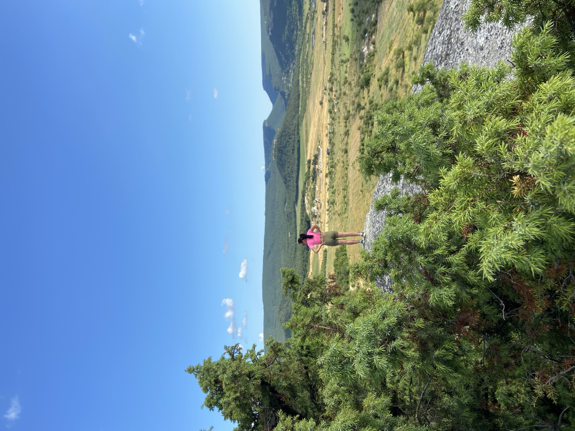 A lone woman, seen from behind, stands on a rocky outcrop overlooking a verdant valley. She wears a bright pink short-sleeved shirt and olive green shorts, with her hands on her hips, facing away from the camera and towards the expansive landscape. The rocky perch is partially obscured by the branches of a dense, green evergreen tree in the foreground. The valley below is a patchwork of fields, some yellow and others green, dotted with scattered buildings and winding paths. Rolling, tree-covered hills form the horizon, under a clear blue sky with a few wispy clouds. The scene appears to be located in the Krasnomakskoye rural settlement, Ukraine.