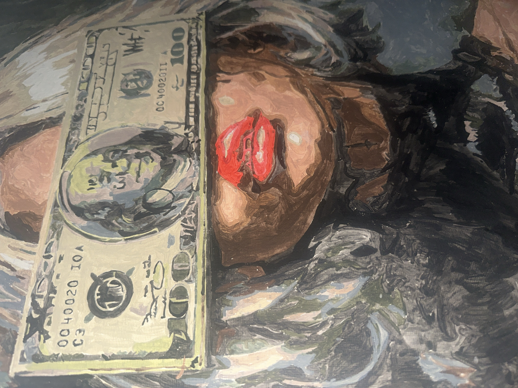 The image is a close-up painting featuring a person and a one hundred dollar bill. The person has brown skin and dark hair, with red lips. The dollar bill is placed vertically to the left of the person's face, with a portrait of Benjamin Franklin visible. The painting has a textured, painterly style with visible brushstrokes. The background is an abstract mix of blue, gray, and white tones. The location of Высокий, Russia is not discernible from the painting.