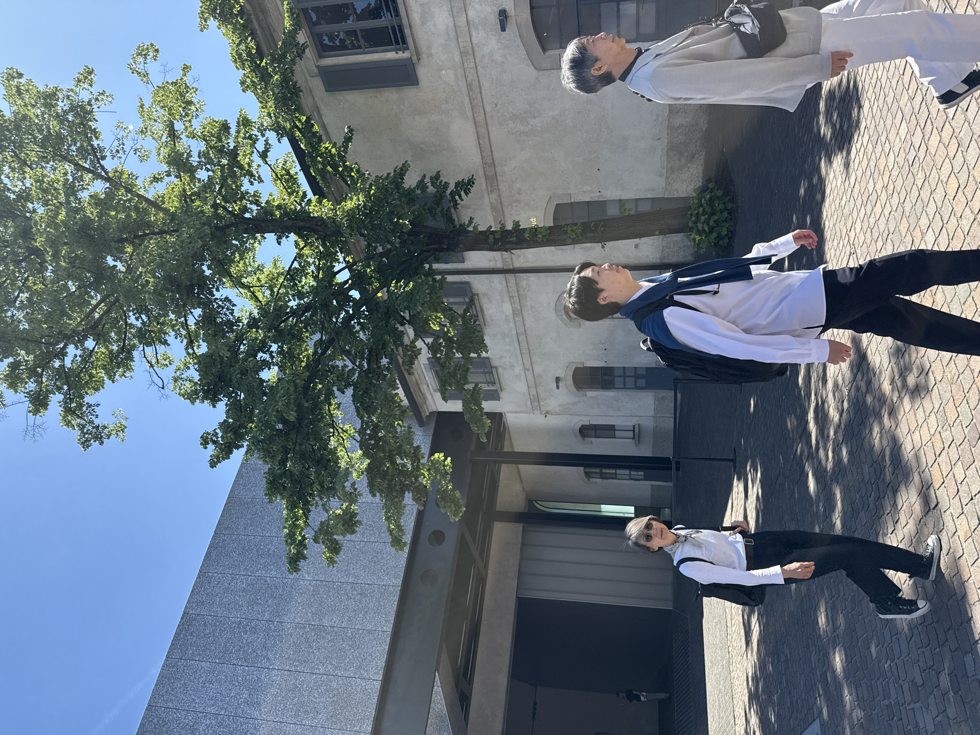 An outdoor urban scene in Milan, Italy, captures three individuals under a clear blue sky, surrounded by architecture and a large tree. The image appears to be taken on a bright, sunny day, likely midday or early afternoon, given the distinct shadows cast on the light-colored, patterned cobblestone ground.
In the foreground, on the right, a woman with short grey hair and sunglasses is visible. She wears a white long-sleeved shirt, a black scarf, black pants, and black high-top sneakers, and carries a black shoulder bag. She is looking towards the camera with a faint smile.
Towards the center of the frame, a young man with dark hair is seen. He is dressed in a white long-sleeved shirt with a dark blue vest or jacket draped over his shoulders, black pants, and a black backpack. He, along with another older man with grey hair positioned further back on the right, is looking upwards and slightly to the right. The older man wears a light grey jacket, a light blue collared shirt, white pants, black shoes, and a black crossbody bag.
The background features a blend of architectural styles. To the left, a modern building with a grey, textured facade and dark windows stands. To the right, an older, light-colored building with traditional windows, some with dark shutters and some arched, provides a contrast. A large, leafy green tree with dense foliage grows between these two buildings, its branches reaching into the clear blue sky. No visible text is present in the image.