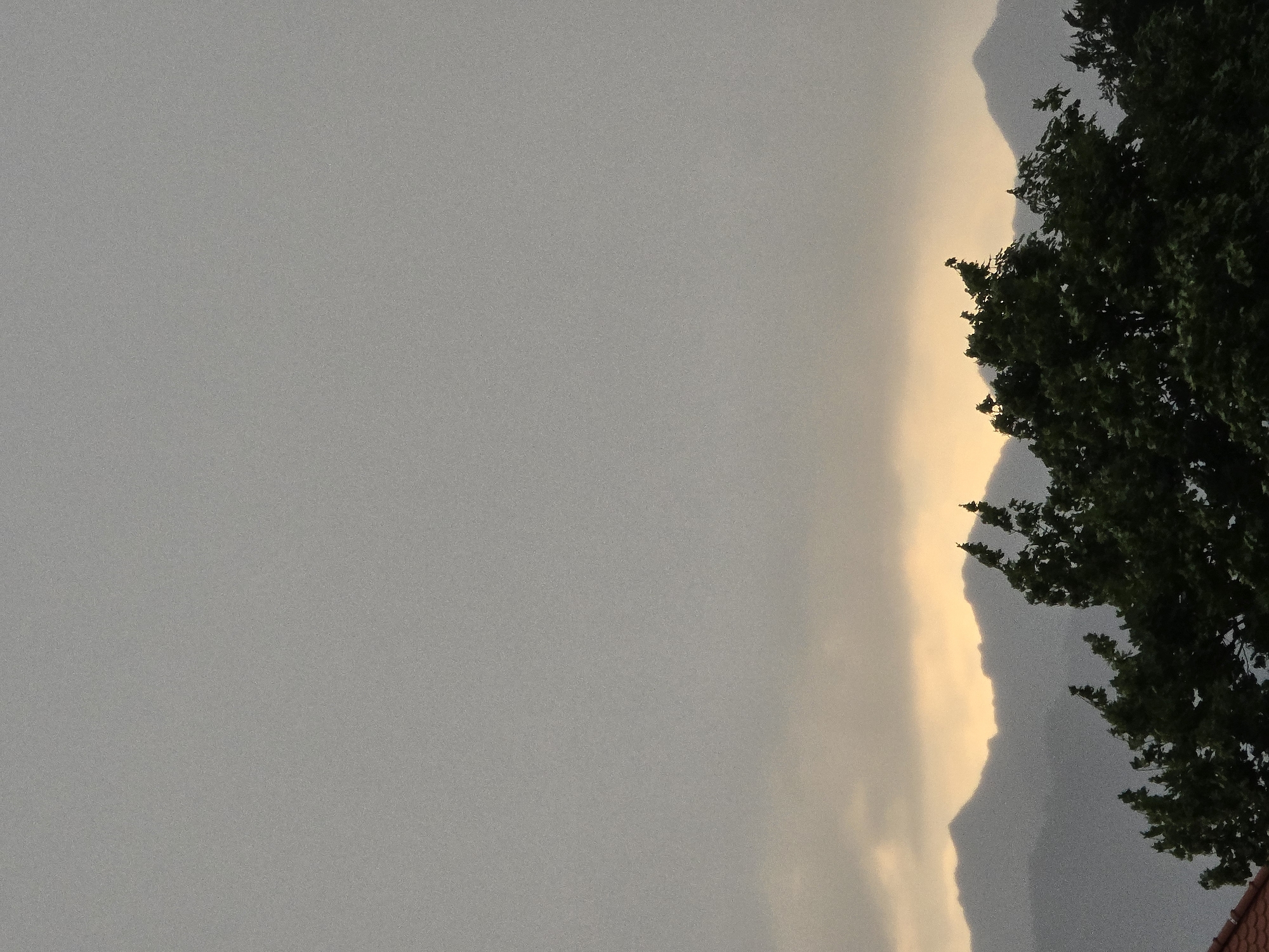 This is a photograph taken from Garmisch-Partenkirchen, Germany, looking towards the mountains. The sky is overcast with a gradient of grays and a faint yellow or orange hue near the horizon, suggesting either sunrise or sunset. Silhouetted against the sky are the jagged peaks of distant mountains. In the foreground, the dark green foliage of several trees partially obscures the mountain range. A small portion of a red-tiled roof is visible in the lower left corner, indicating a residential area. The image has a grainy texture.