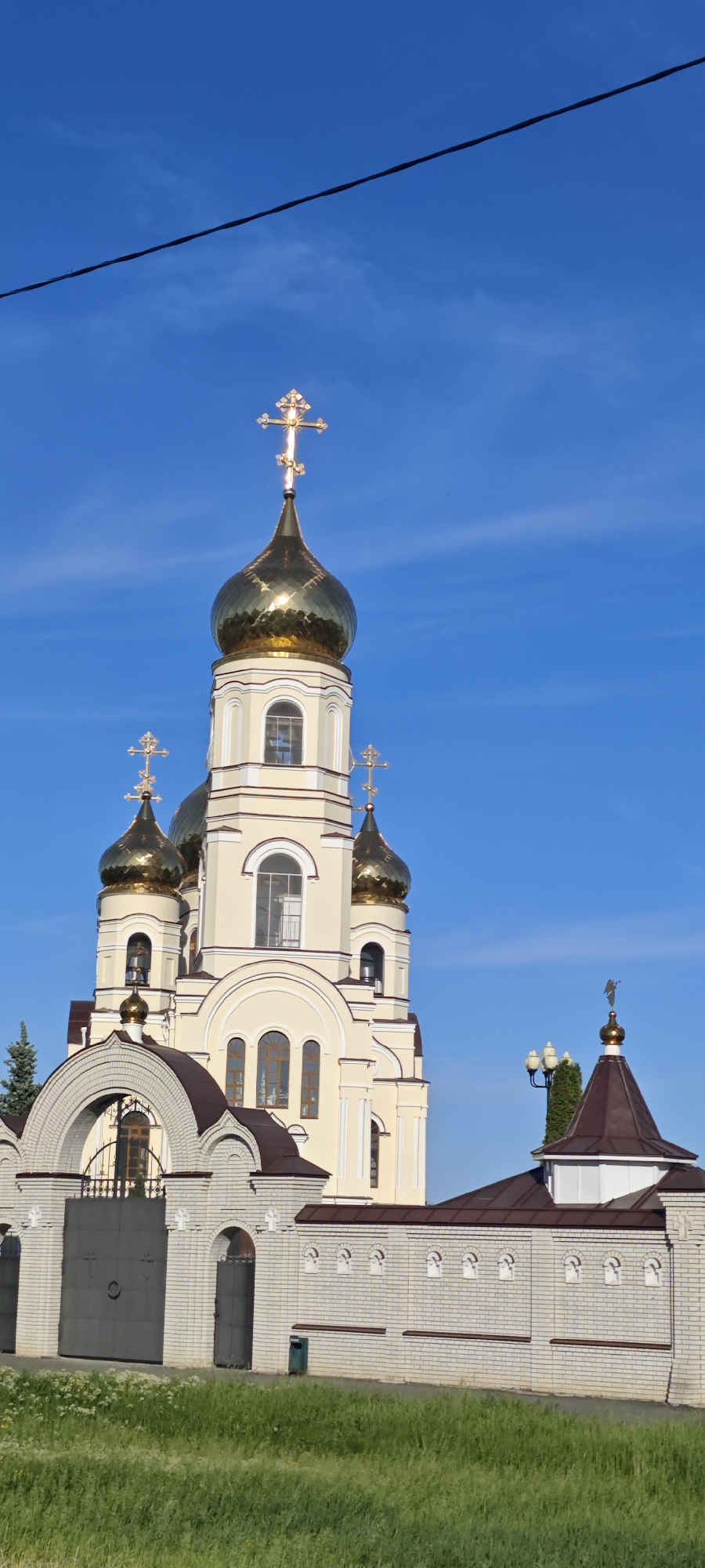 The image shows the Cathedral of the Annunciation in Alekseyevka, Russia. The cathedral has multiple golden domes topped with Orthodox crosses. The building is cream-colored with white trim. A low white brick wall with brown roofing stands in front of the church. There is green foliage at the bottom of the frame and a clear blue sky above. A wire bisects the upper left corner of the image.