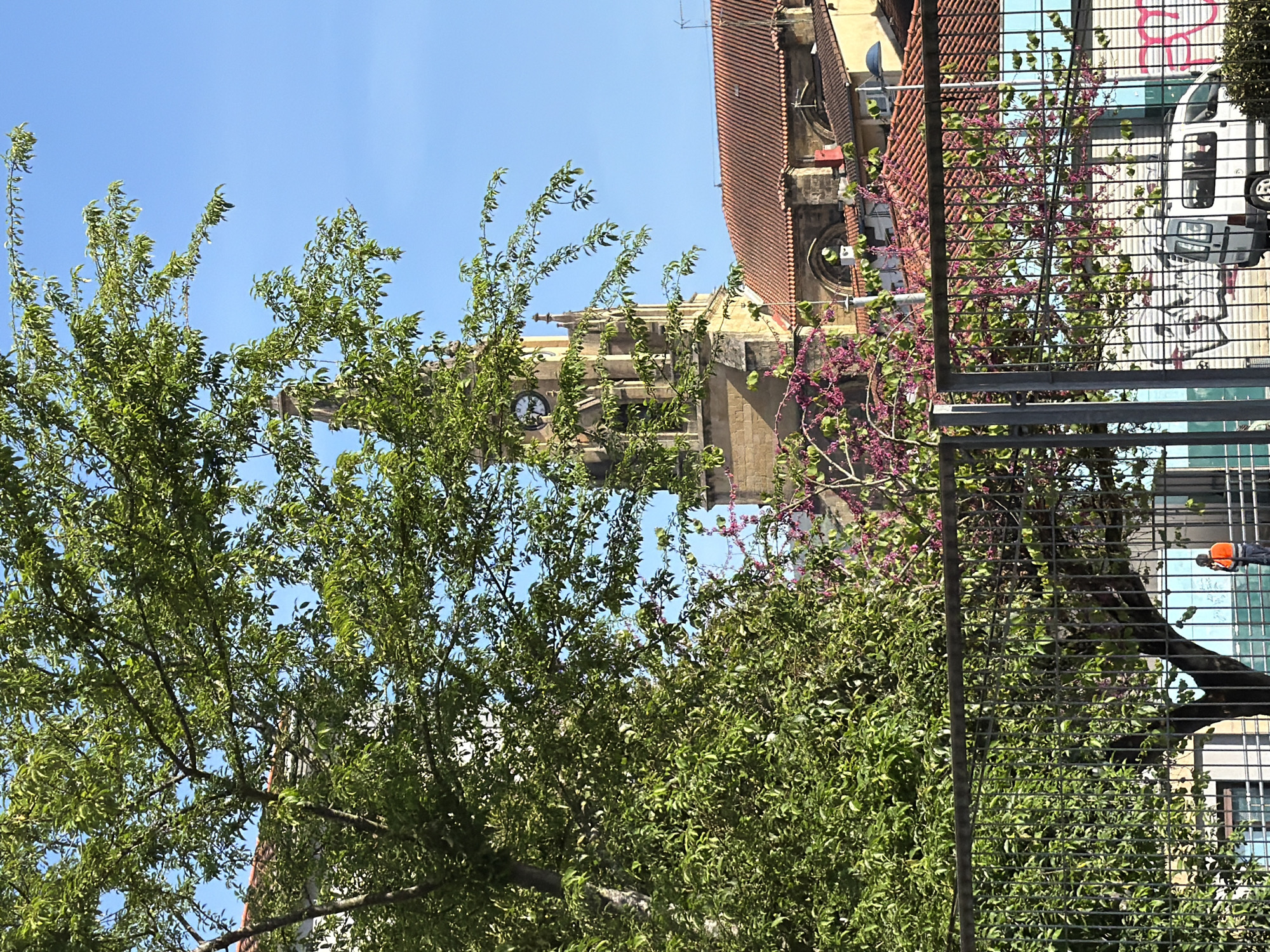 The image displays a bright, sunlit outdoor scene in Errenteria, Spain, blending natural elements with urban architecture. In the foreground and midground, dense, lush green trees with abundant foliage occupy a significant portion of the frame, suggesting a vibrant natural space like a park or garden. To the right, a tree adorned with distinctive purple or pink blossoms (likely a Judas tree) adds a touch of color.
Against a clear blue sky, a stately, light-colored stone building with historical architectural features is visible in the background. A prominent clock tower is part of this building, with its clock face indicating a time around 11:30 or 12:00, suggesting late morning or midday. To the right of this structure, another building with a distinctive terracotta-tiled roof can be seen.
A metal fence or grating runs vertically along the right side of the image, partially obscuring the view. Through this fence, a white van or car is visible, parked alongside a wall with red graffiti, where letters like "R" or "E" can be discerned. Further to the right, behind the fence, a person wearing an orange hat or helmet and blue attire is partially visible, possibly indicating a worker or pedestrian. The bright sunlight and clear sky suggest pleasant, clear weather conditions.