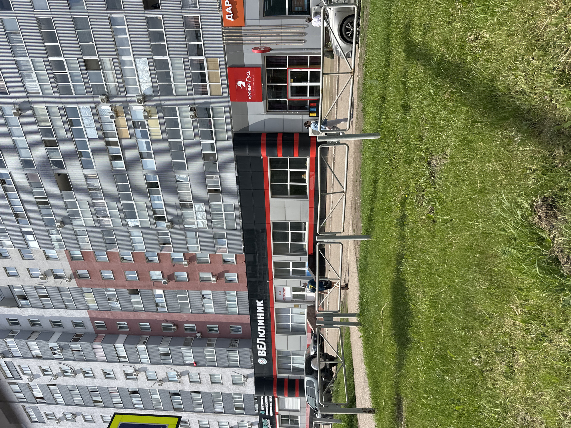 A daytime exterior shot captures the facade of a multi-story residential building with commercial spaces on the ground floor. The building features a repeating pattern of windows and balconies, with sections of its exterior finished in gray, red, and white. In the foreground, a white metal fence separates the sidewalk from a grassy area.
Several businesses are visible on the ground floor. To the left, a sign reads "ВЕЛКЛИНИК" (Velklinik), indicating a medical clinic. To the right of that, a red sign with a white goose logo says "пряный гусь" (Prjany Gus), identified as an "ASIAN RESTAURANT". Further to the right, a sign partially visible reads "ДАР..." (DAR...).
Two vehicles are parked in front of the businesses: a black SUV with a spare tire mounted on the back on the left, and a silver sedan on the right.
Several individuals are present: one person in a dark blue shirt and shorts is walking away from the viewer towards the Velklinik entrance. Another person in a light-colored shirt is standing near the silver car on the right. A third person, wearing a light blue jacket and gray pants, is walking along the sidewalk in front of the businesses.
The environment appears to be a street scene in a city, likely Sterlitamak, Russia, given the Cyrillic signage. The weather is sunny, casting shadows on the grass and pavement.
