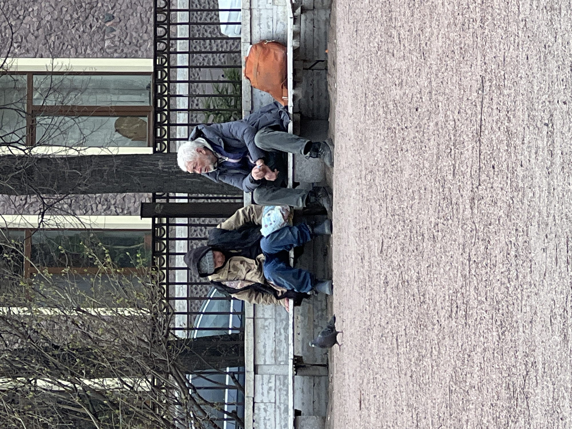 Two people, one elderly man and one possibly elderly individual wearing a hooded jacket, are sitting on a bench. The elderly man is on the left of the bench, wearing a dark blue jacket and gray pants, with an orange backpack behind him. The other individual is wearing a tan jacket and dark pants, with a dark scarf and a hooded jacket. A pigeon is standing on the ground near the right edge of the bench. A metal fence and trees are in the background. The location is in Saint Petersburg, Russia, based on the architectural style of the buildings.